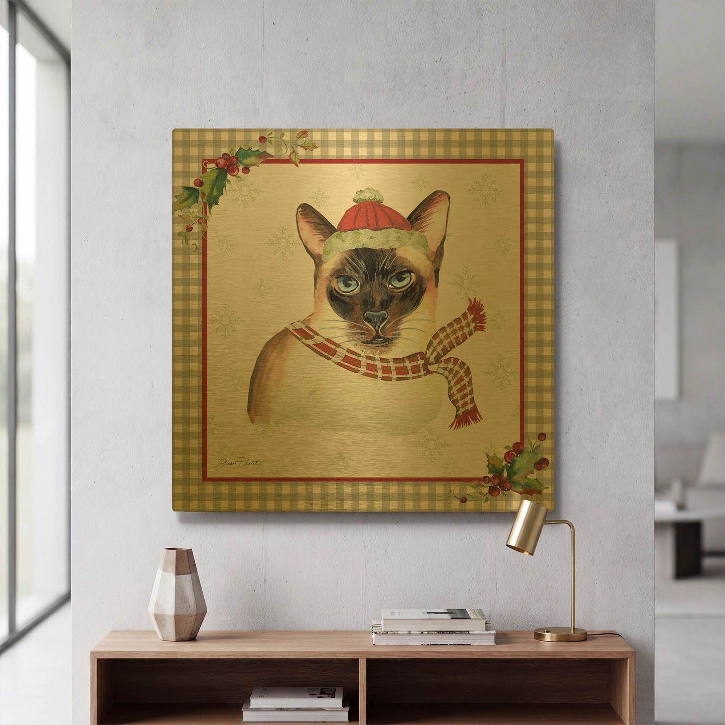 'Plaid Christmas with Cat B' By Jean Plout Gold Metal Wall Art