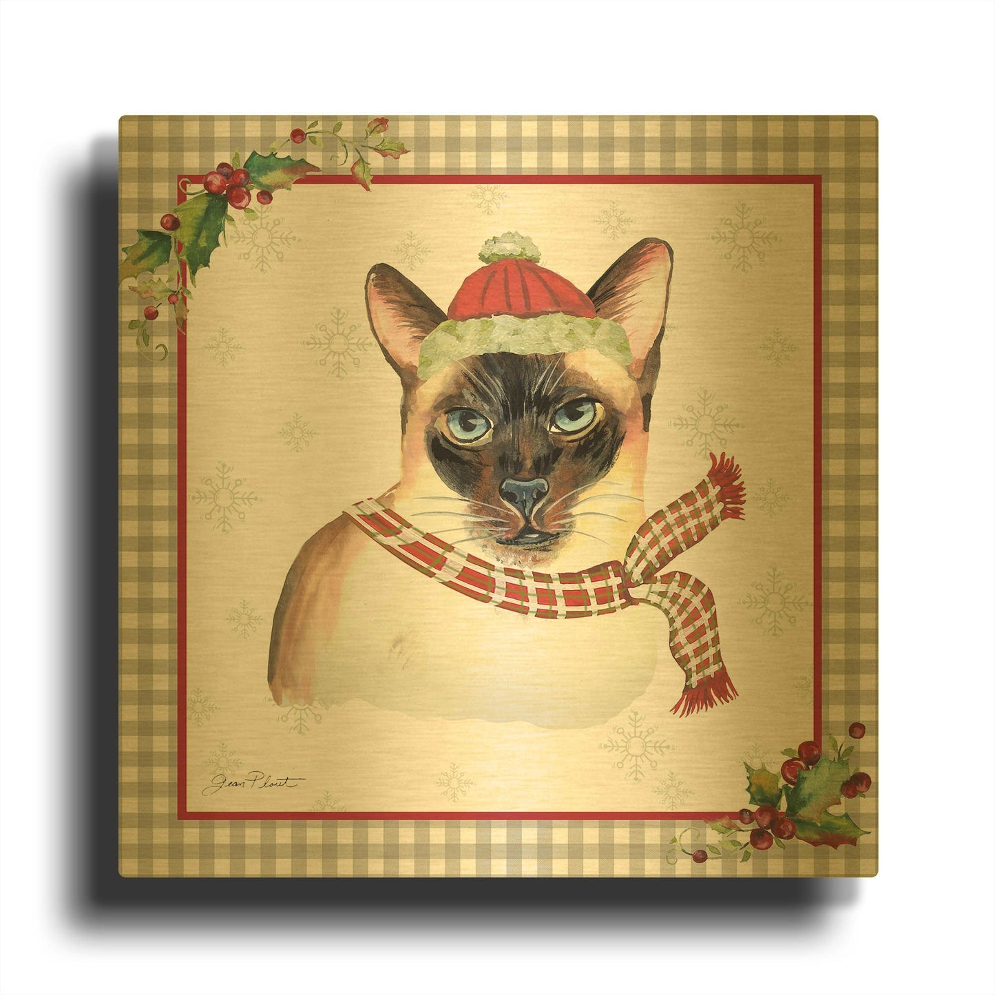 'Plaid Christmas with Cat B' By Jean Plout Gold Metal Wall Art