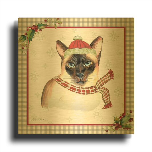 'Plaid Christmas with Cat B' By Jean Plout Gold Metal Wall Art