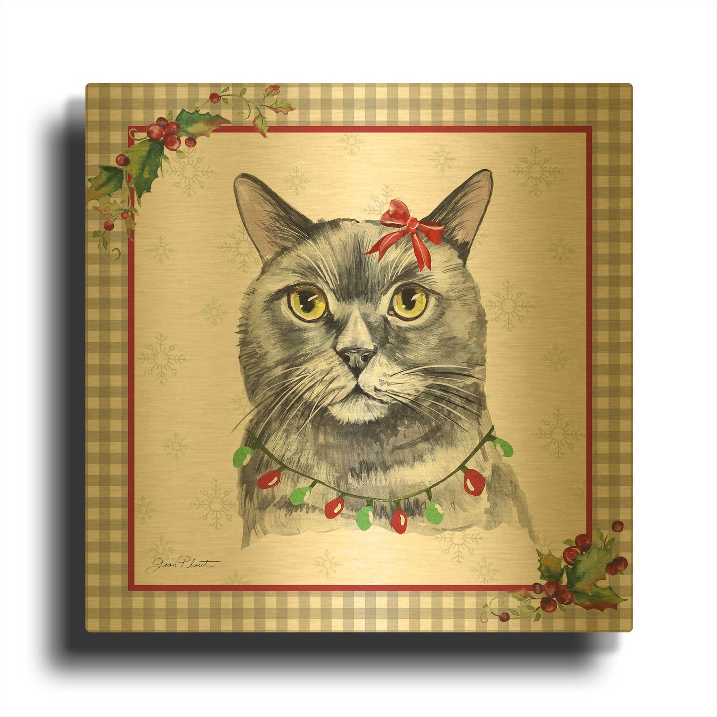 'Plaid Christmas with Cat C' By Jean Plout Gold Metal Wall Art