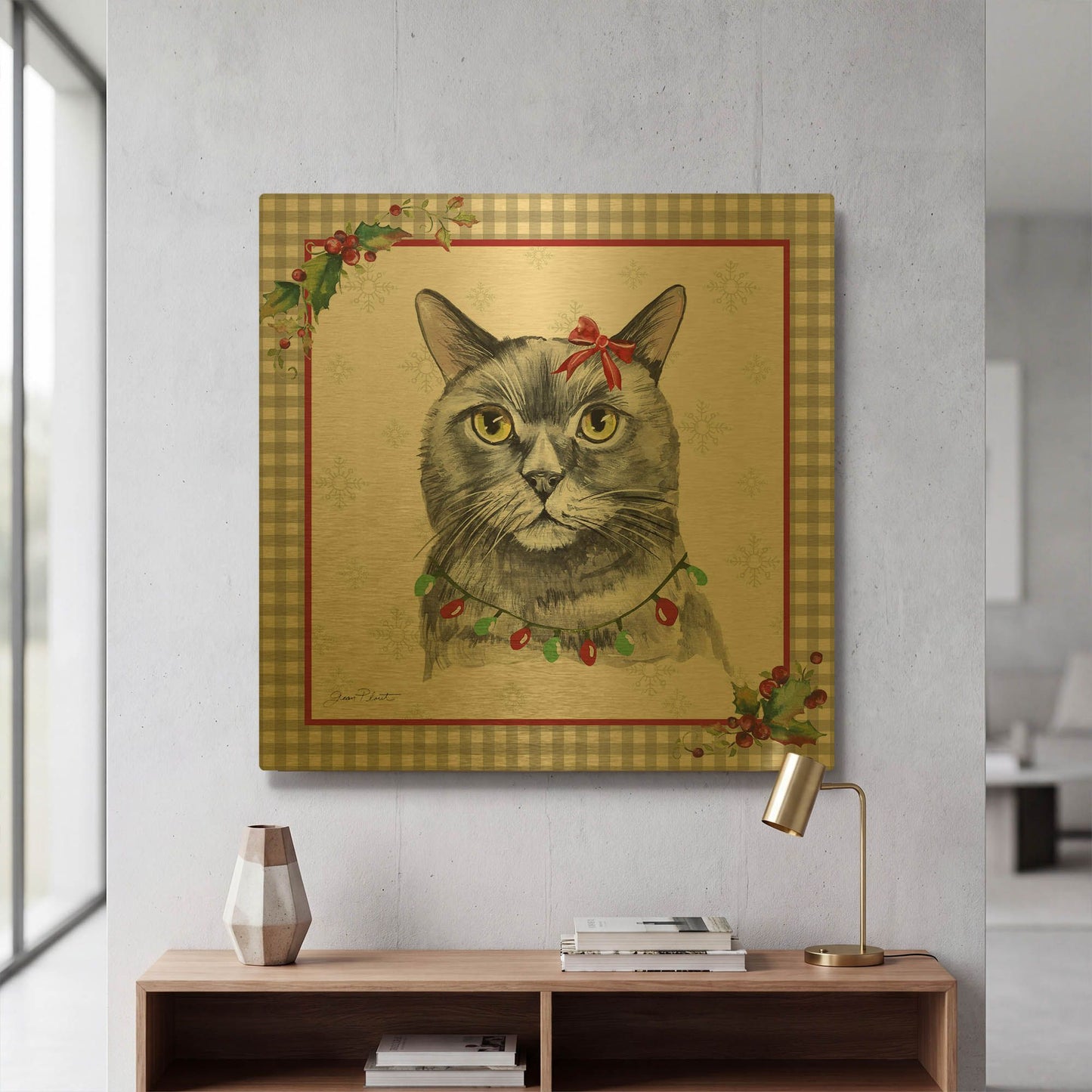 'Plaid Christmas with Cat C' By Jean Plout Gold Metal Wall Art