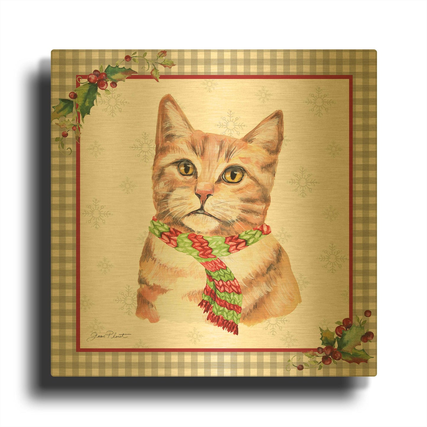 'Plaid Christmas with Cat D' By Jean Plout Gold Metal Wall Art