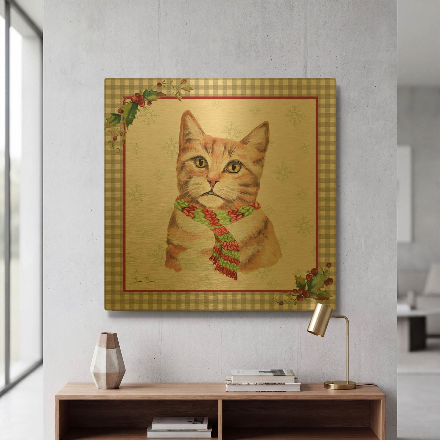 'Plaid Christmas with Cat D' By Jean Plout Gold Metal Wall Art