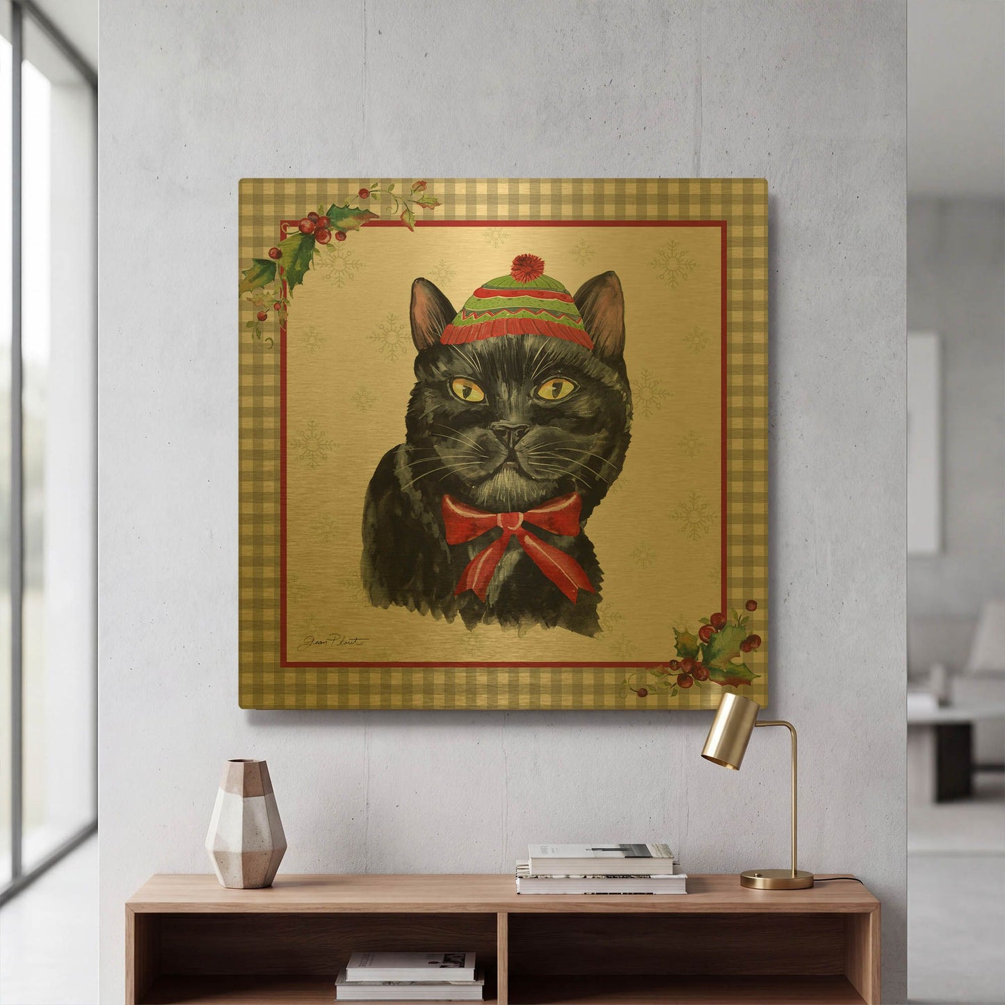'Plaid Christmas with Cat E' By Jean Plout Gold Metal Wall Art