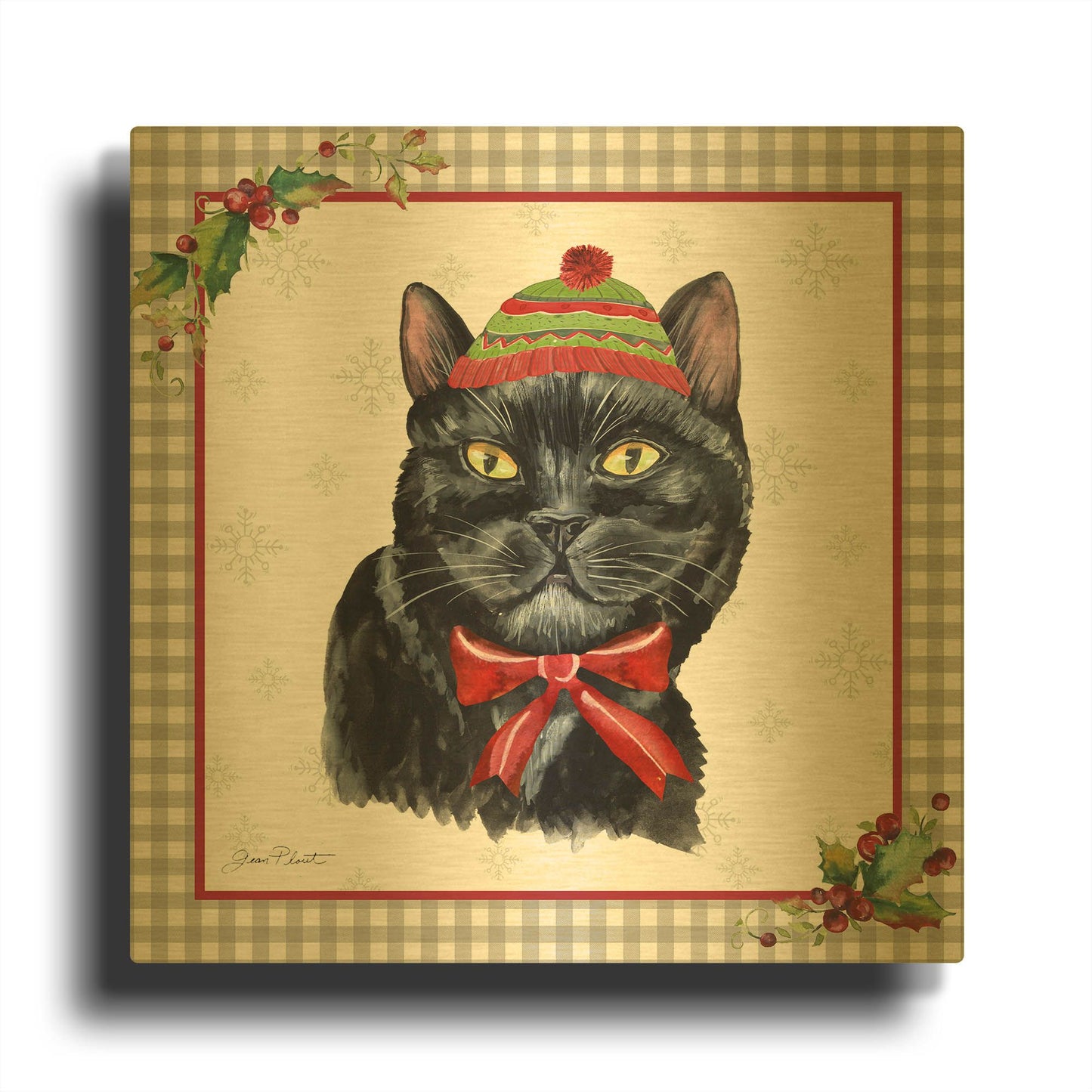 'Plaid Christmas with Cat E' By Jean Plout Gold Metal Wall Art