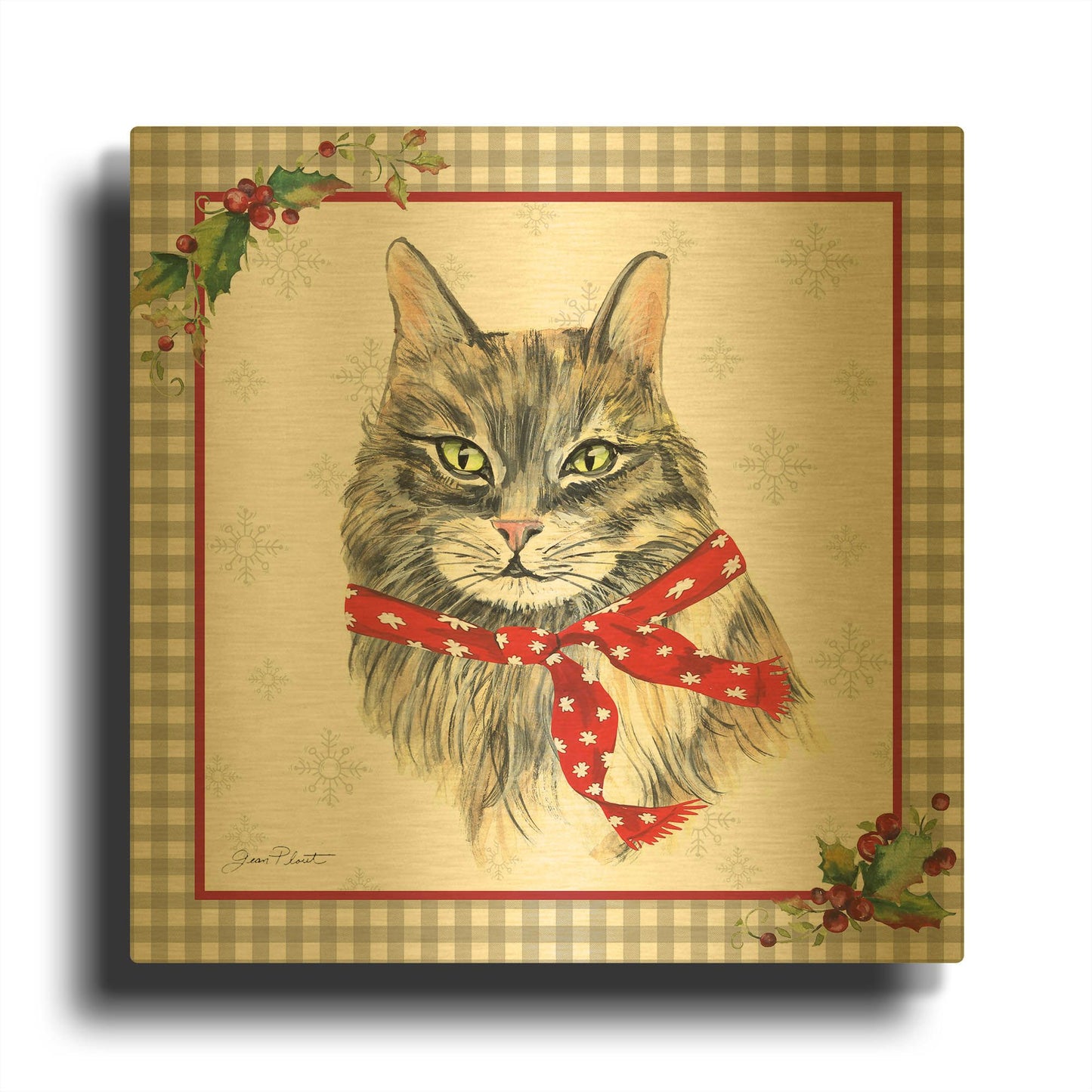 'Plaid Christmas with Cat F' By Jean Plout Gold Metal Wall Art