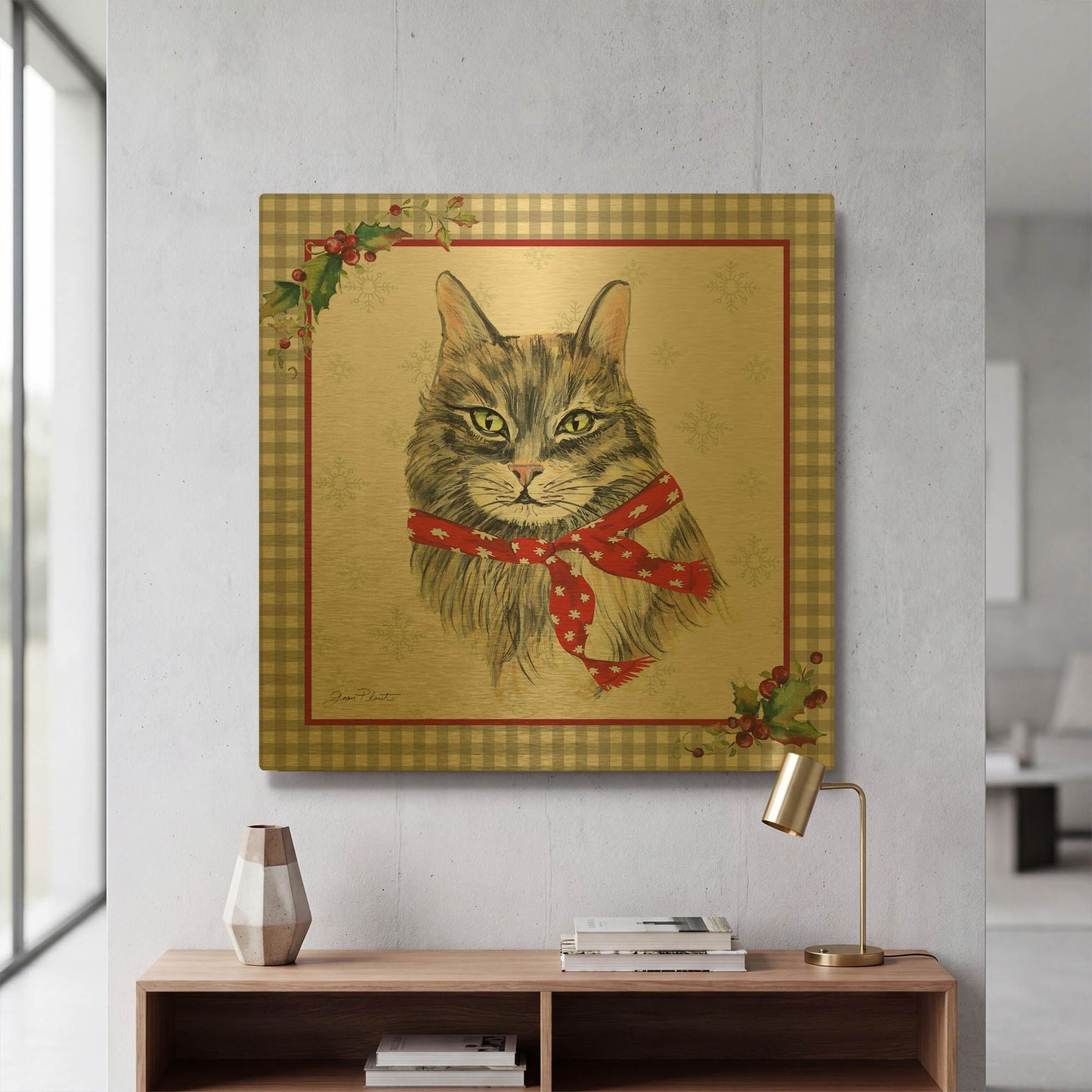 'Plaid Christmas with Cat F' By Jean Plout Gold Metal Wall Art