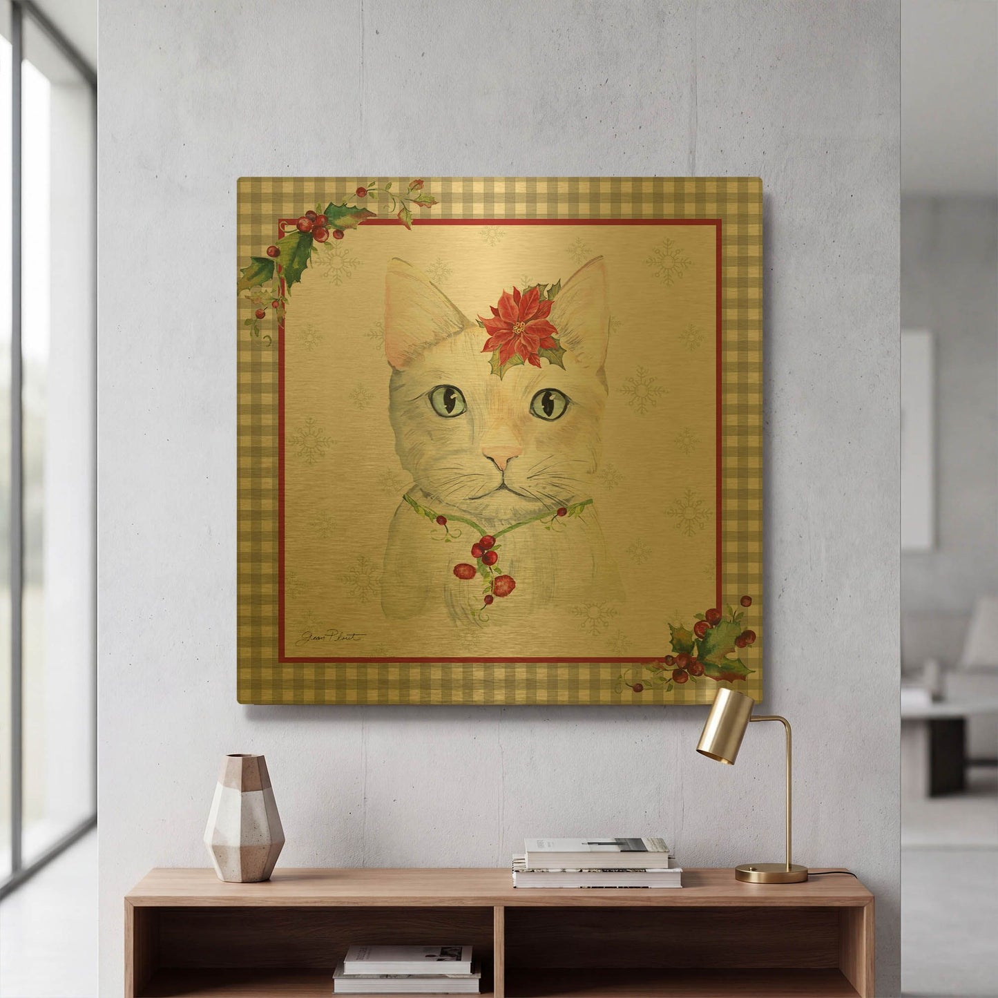 'Plaid Christmas with Cat G' By Jean Plout Gold Metal Wall Art