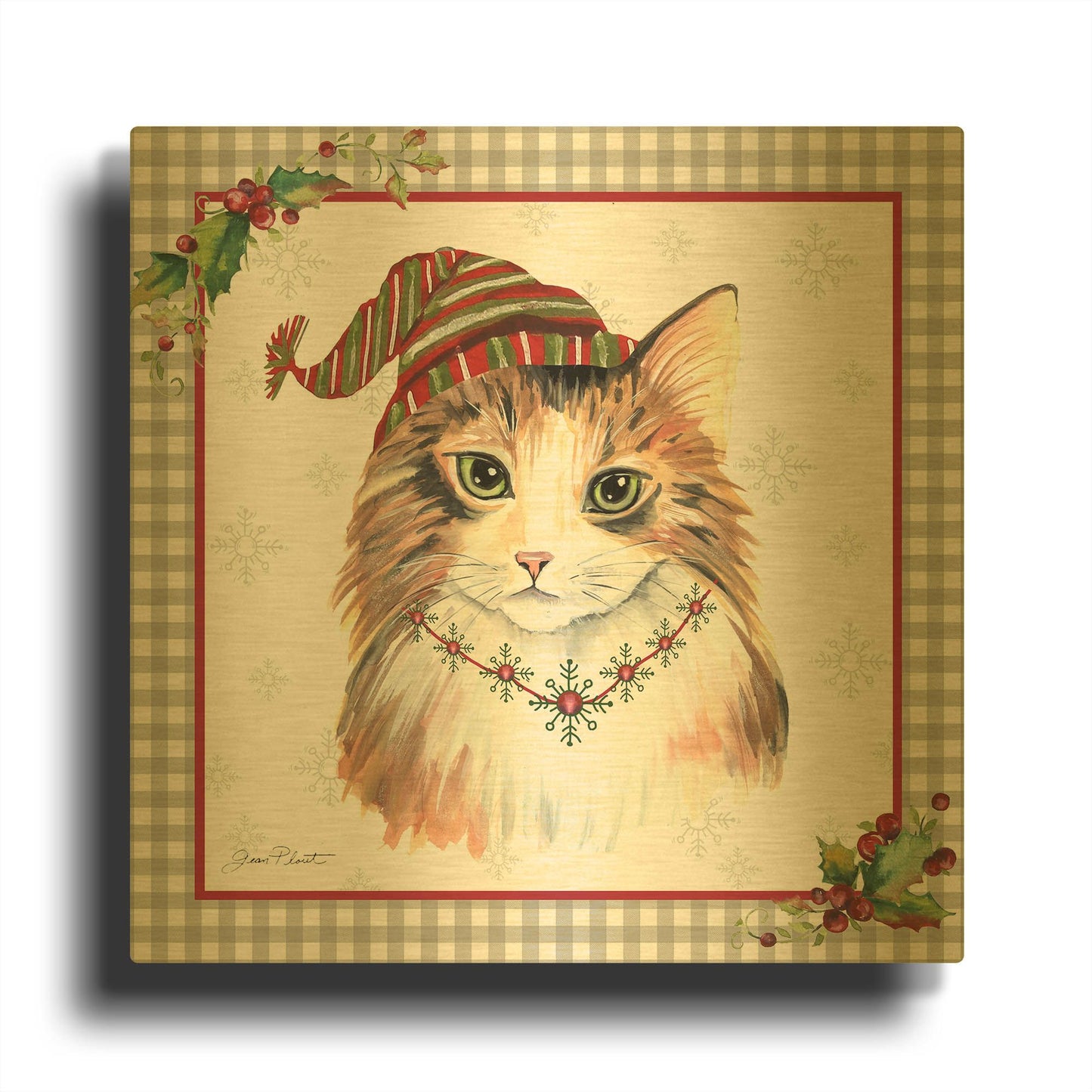'Plaid Christmas with Cat H' By Jean Plout Gold Metal Wall Art