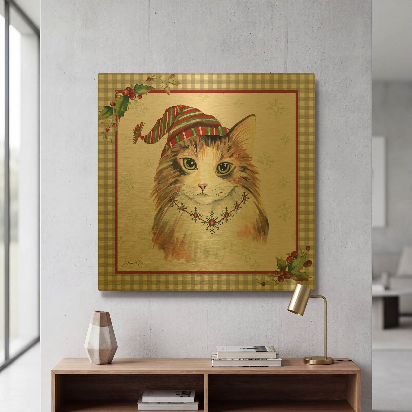 'Plaid Christmas with Cat H' By Jean Plout Gold Metal Wall Art