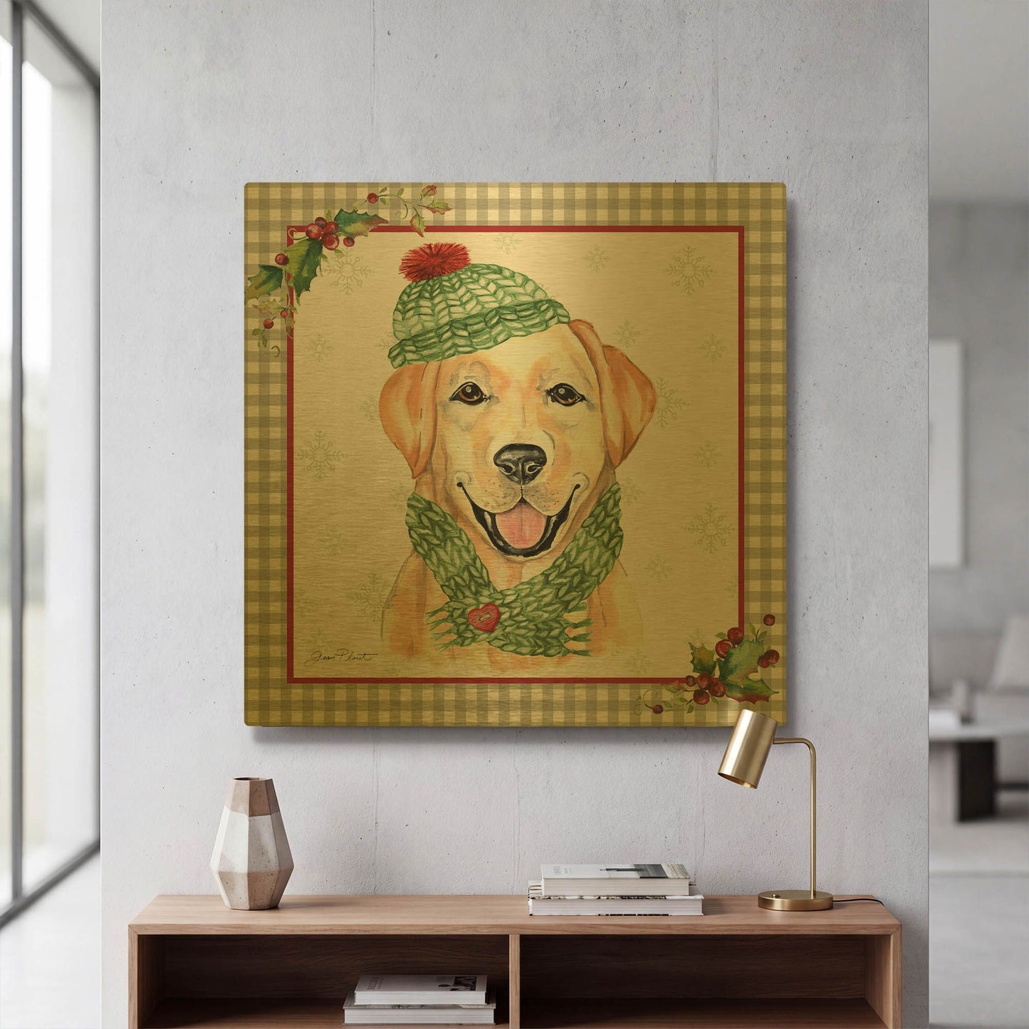 'Plaid Christmas with Dog A' By Jean Plout Gold Metal Wall Art