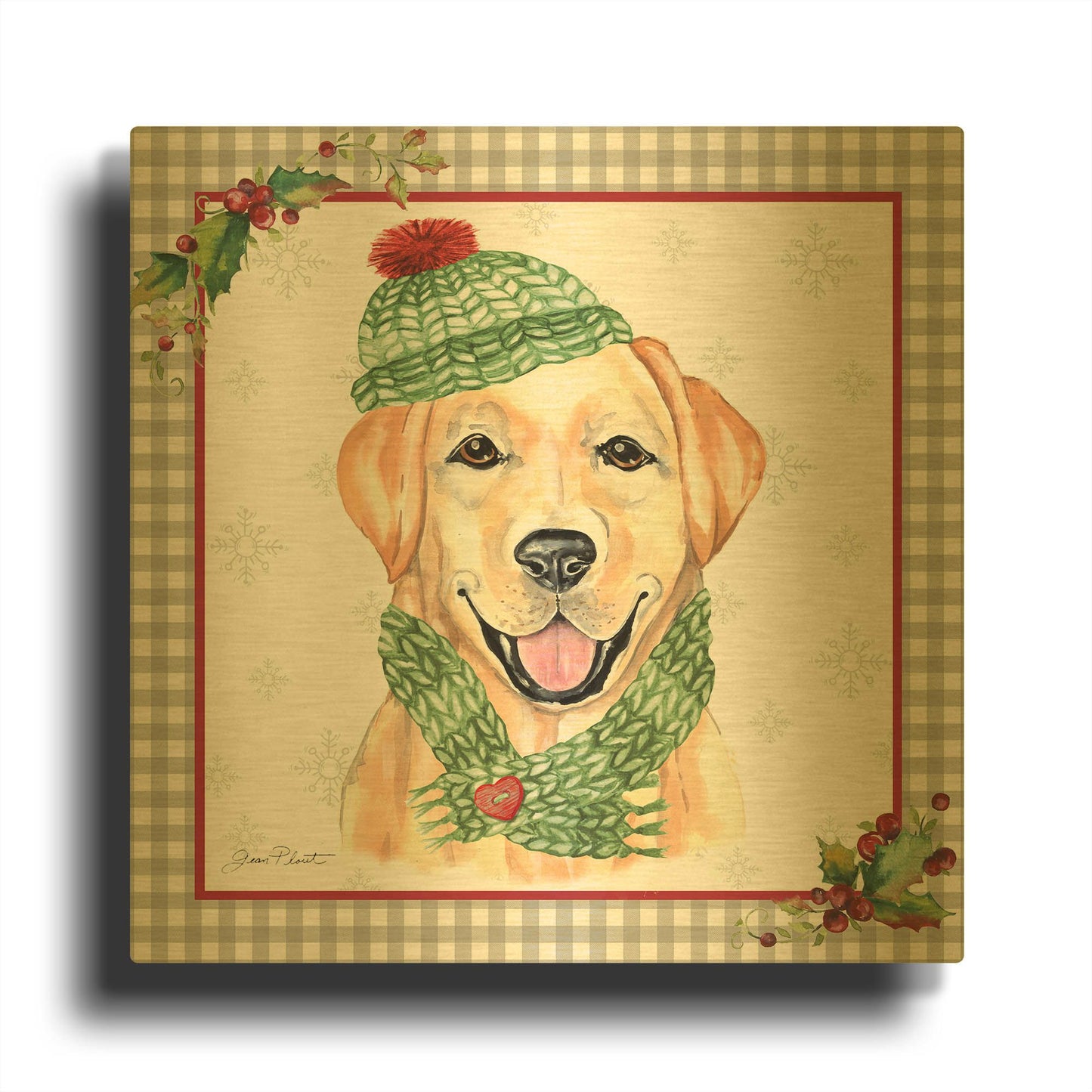 'Plaid Christmas with Dog A' By Jean Plout Gold Metal Wall Art