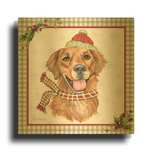 'Plaid Christmas with Dog B' By Jean Plout Gold Metal Wall Art
