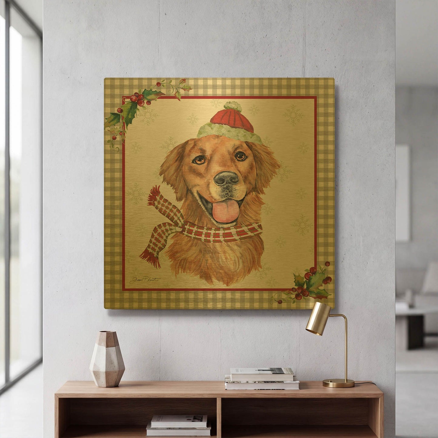 'Plaid Christmas with Dog B' By Jean Plout Gold Metal Wall Art