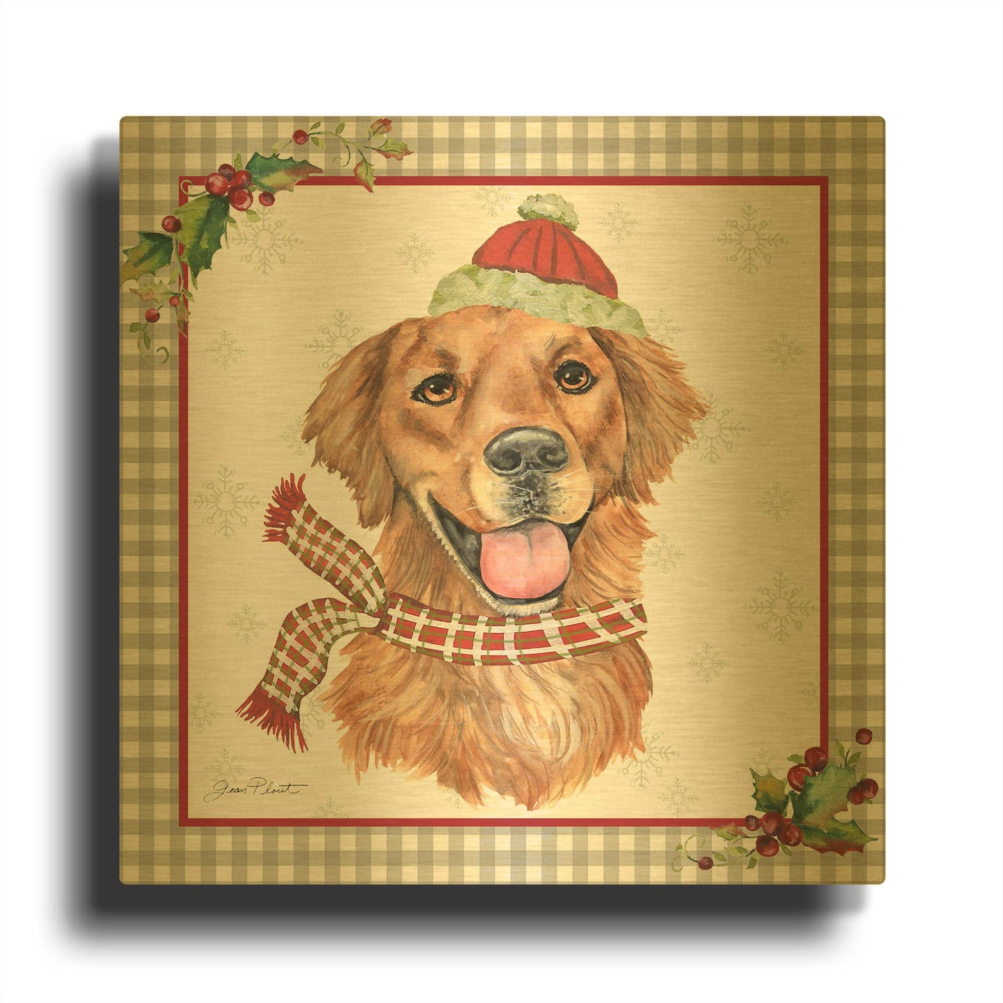 'Plaid Christmas with Dog B' By Jean Plout Gold Metal Wall Art