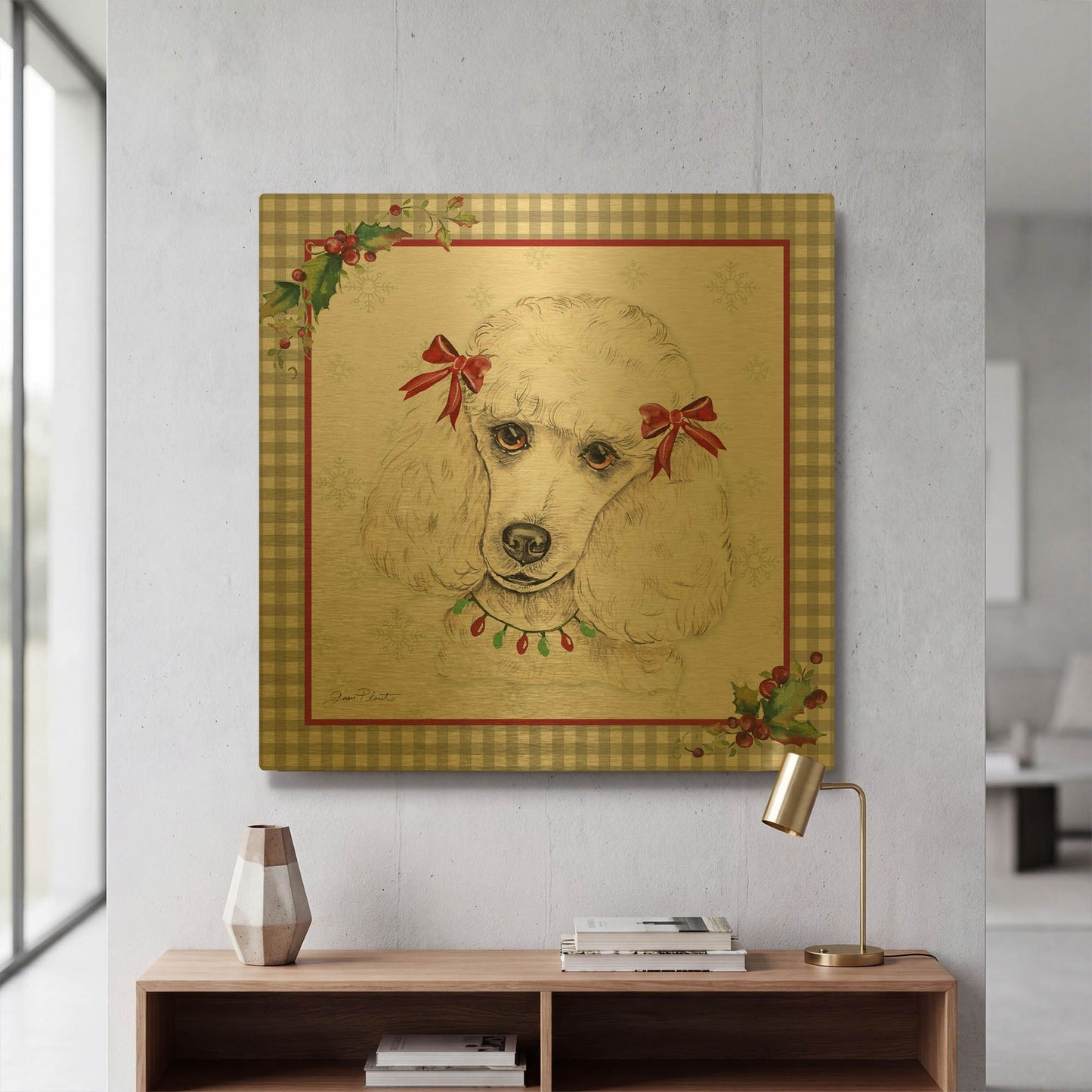 'Plaid Christmas with Dog C' By Jean Plout Gold Metal Wall Art