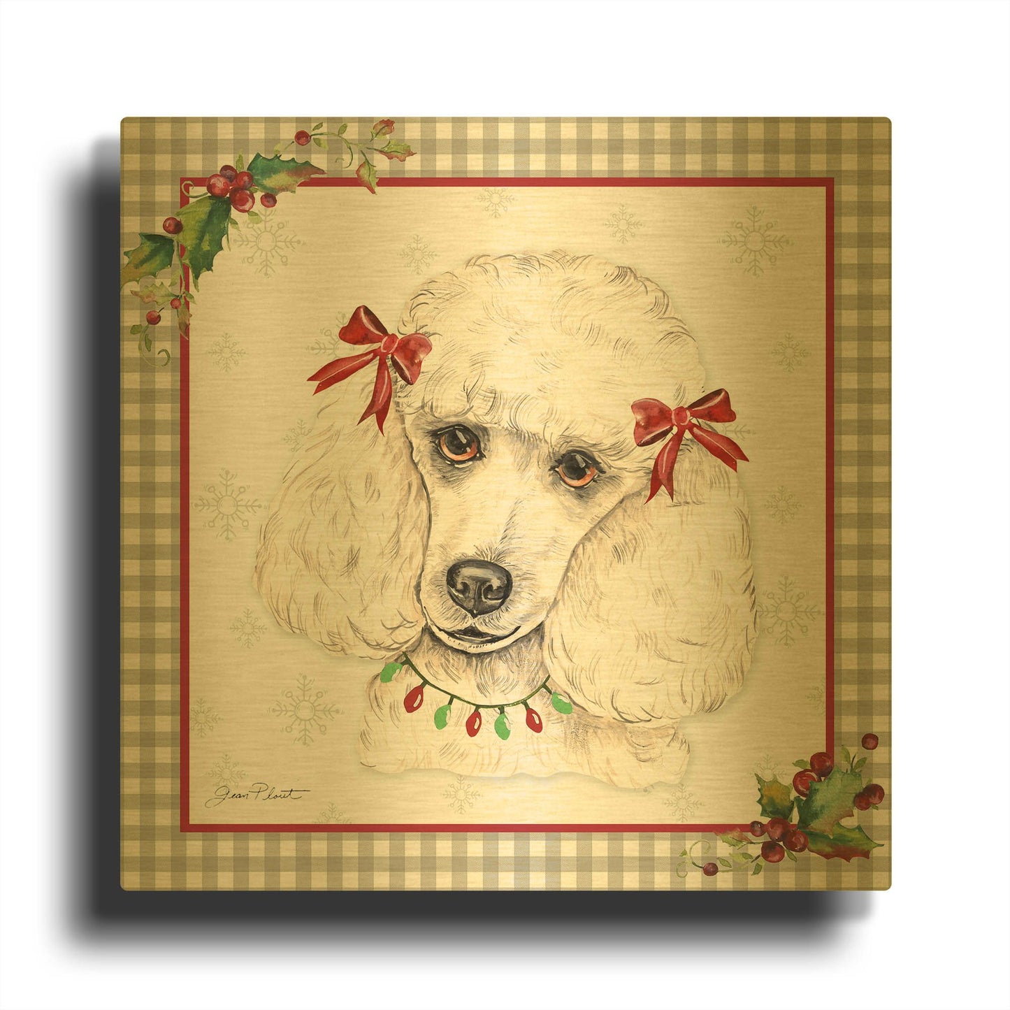 'Plaid Christmas with Dog C' By Jean Plout Gold Metal Wall Art