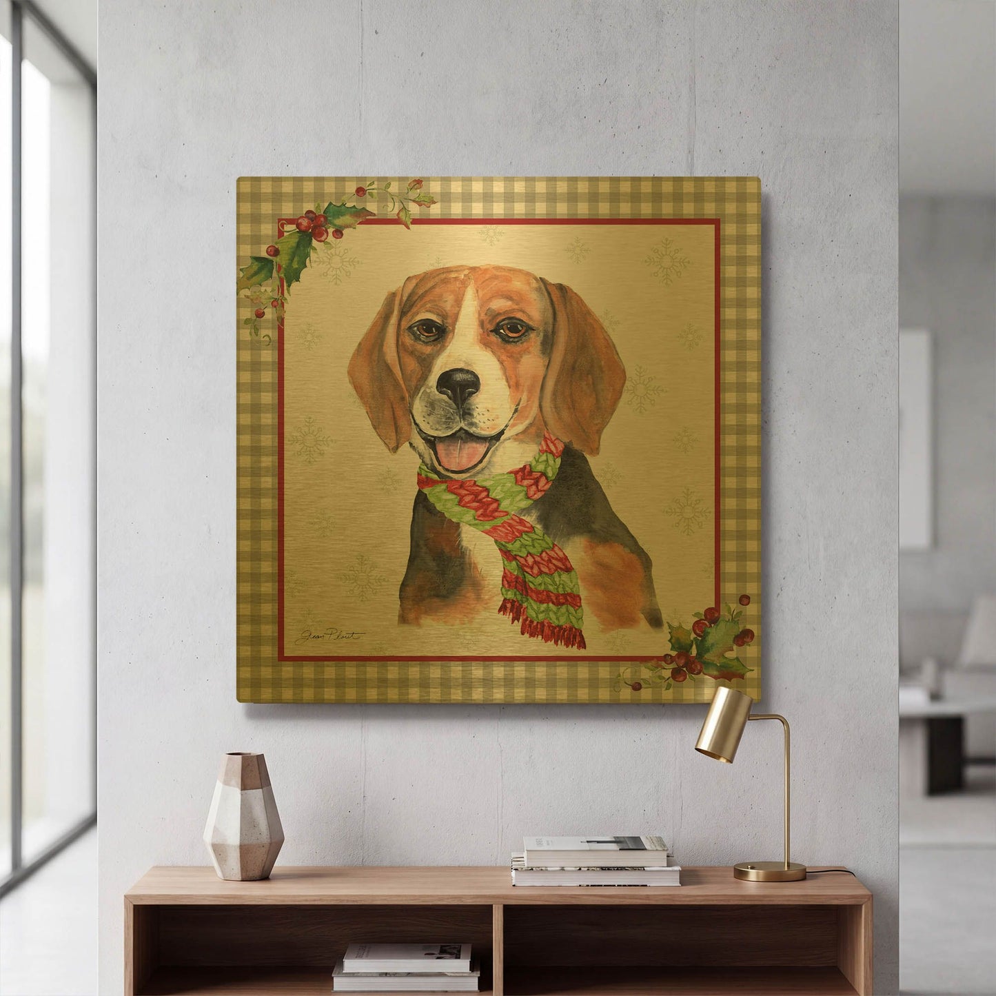 'Plaid Christmas with Dog D' By Jean Plout Gold Metal Wall Art