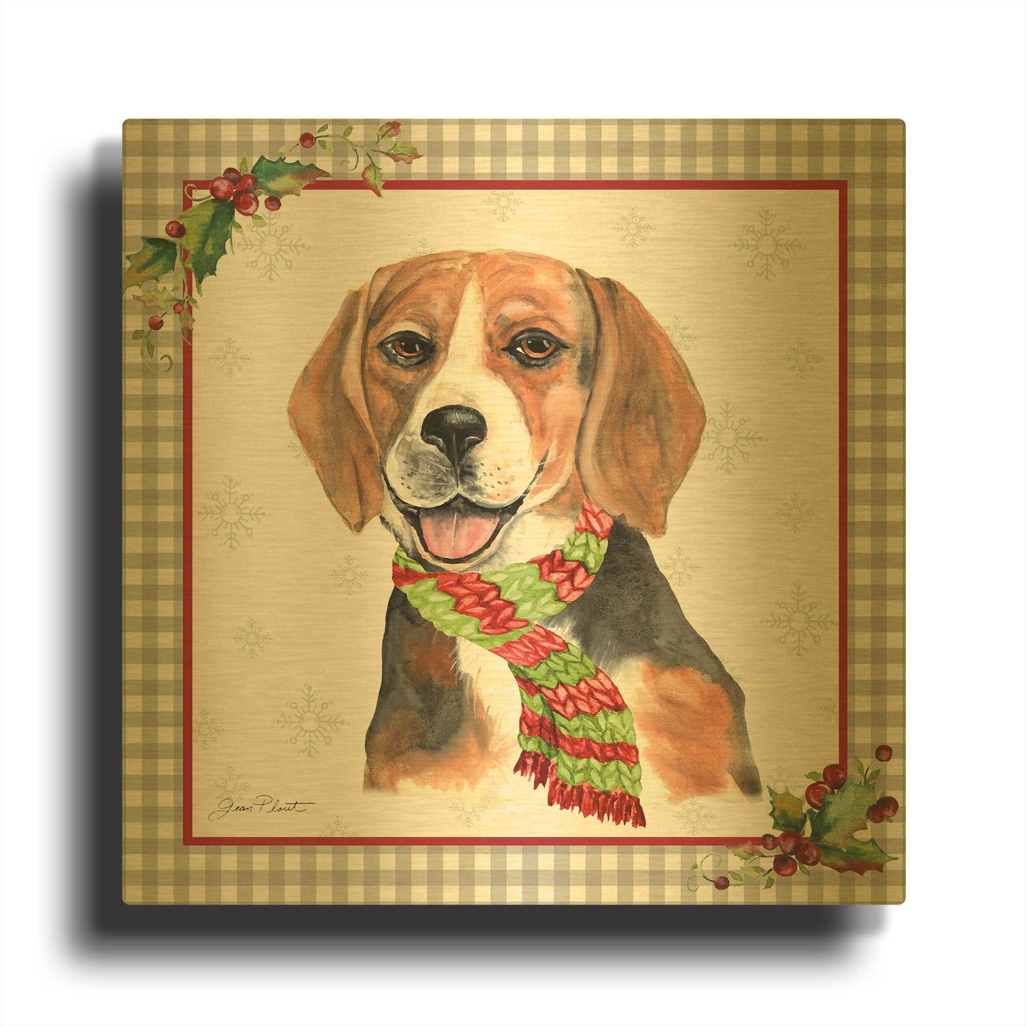 'Plaid Christmas with Dog D' By Jean Plout Gold Metal Wall Art