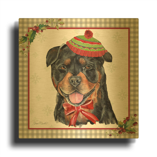 'Plaid Christmas with Dog E' By Jean Plout Gold Metal Wall Art
