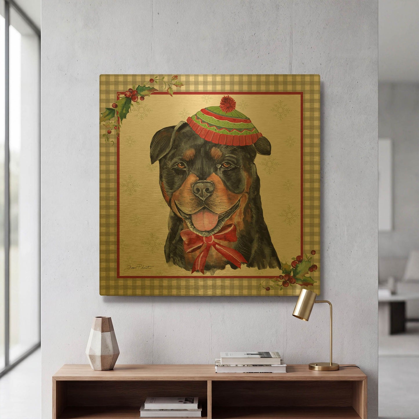 'Plaid Christmas with Dog E' By Jean Plout Gold Metal Wall Art