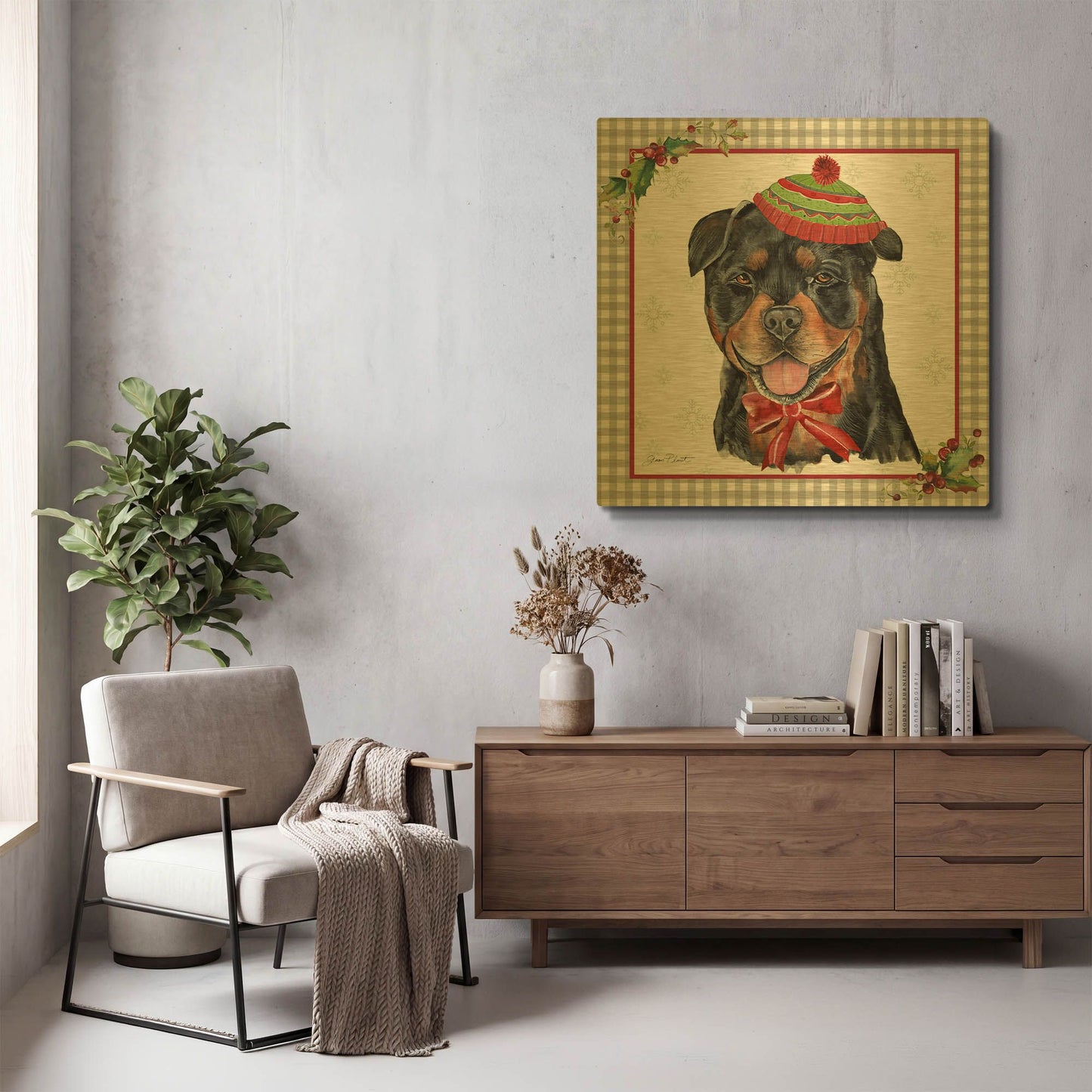 'Plaid Christmas with Dog E' By Jean Plout Gold Metal Wall Art
