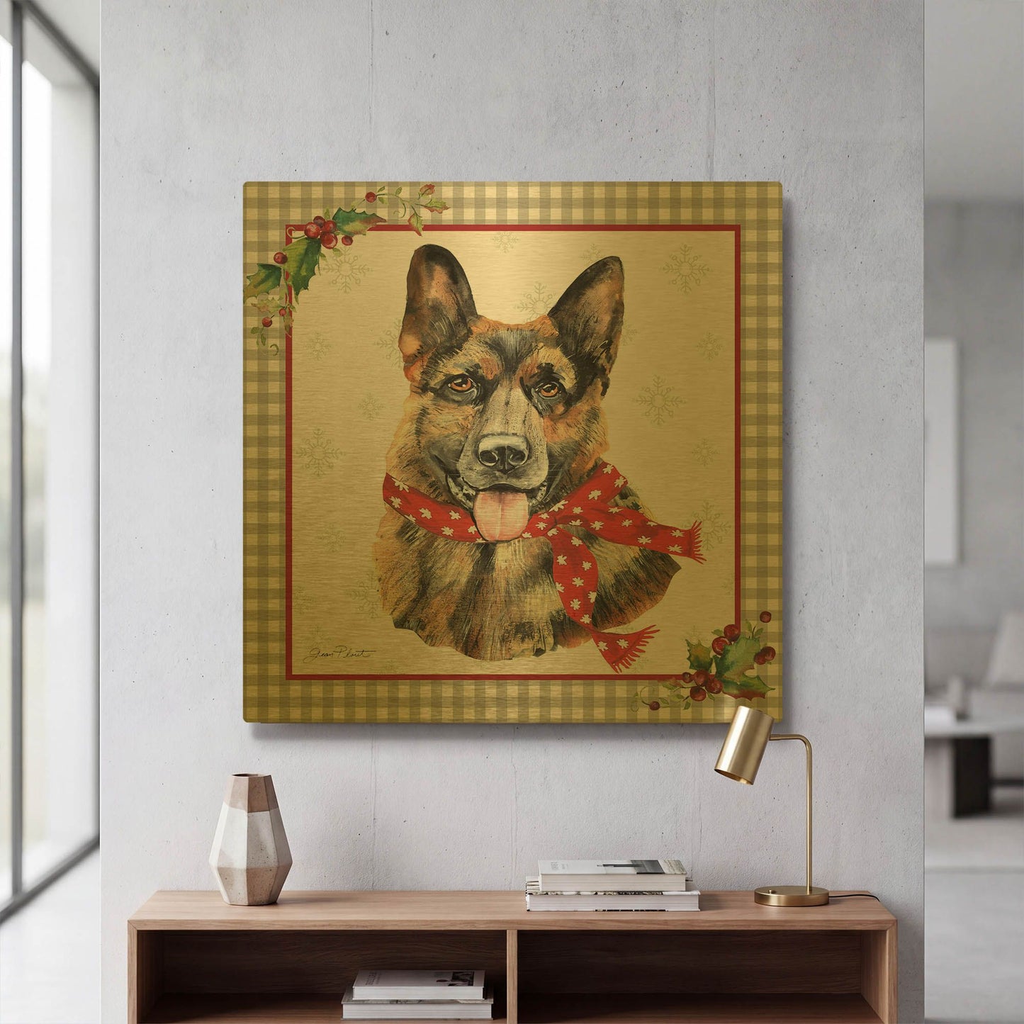 'Plaid Christmas with Dog F' By Jean Plout Gold Metal Wall Art