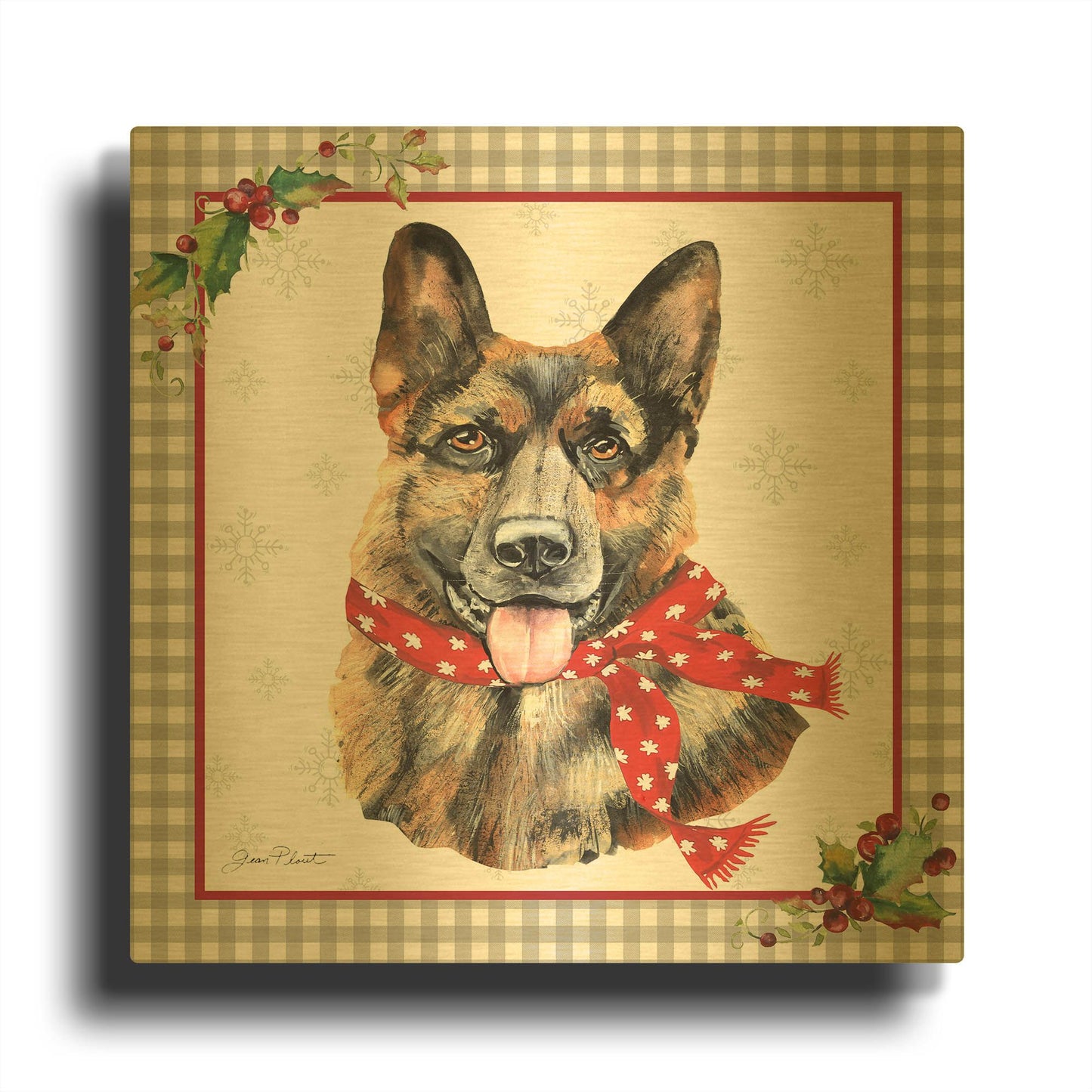'Plaid Christmas with Dog F' By Jean Plout Gold Metal Wall Art
