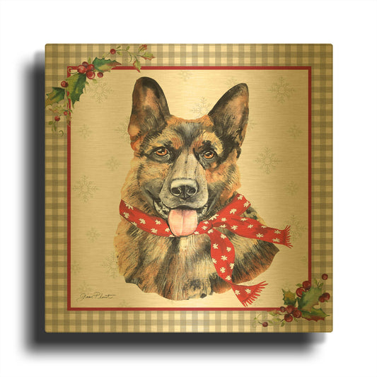 'Plaid Christmas with Dog F' By Jean Plout Gold Metal Wall Art