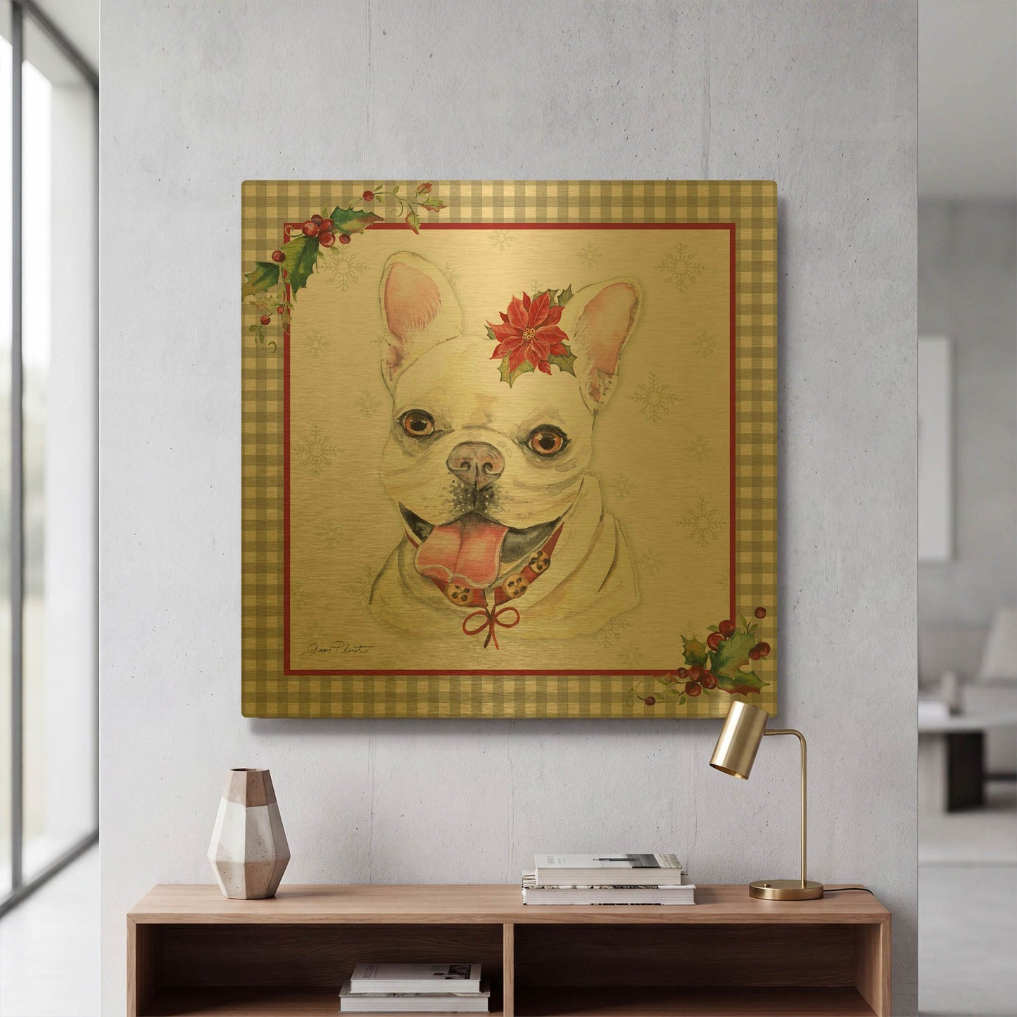 'Plaid Christmas with Dog G' By Jean Plout Gold Metal Wall Art