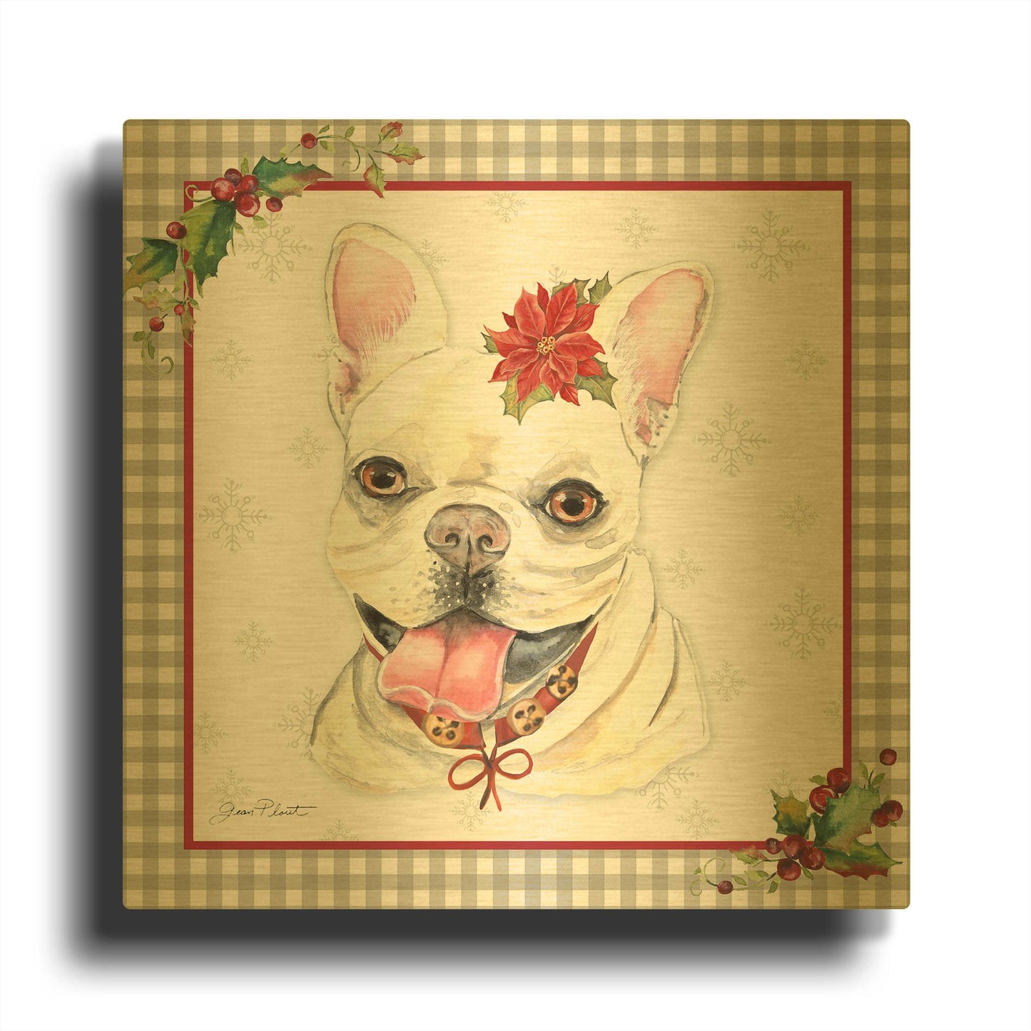 'Plaid Christmas with Dog G' By Jean Plout Gold Metal Wall Art