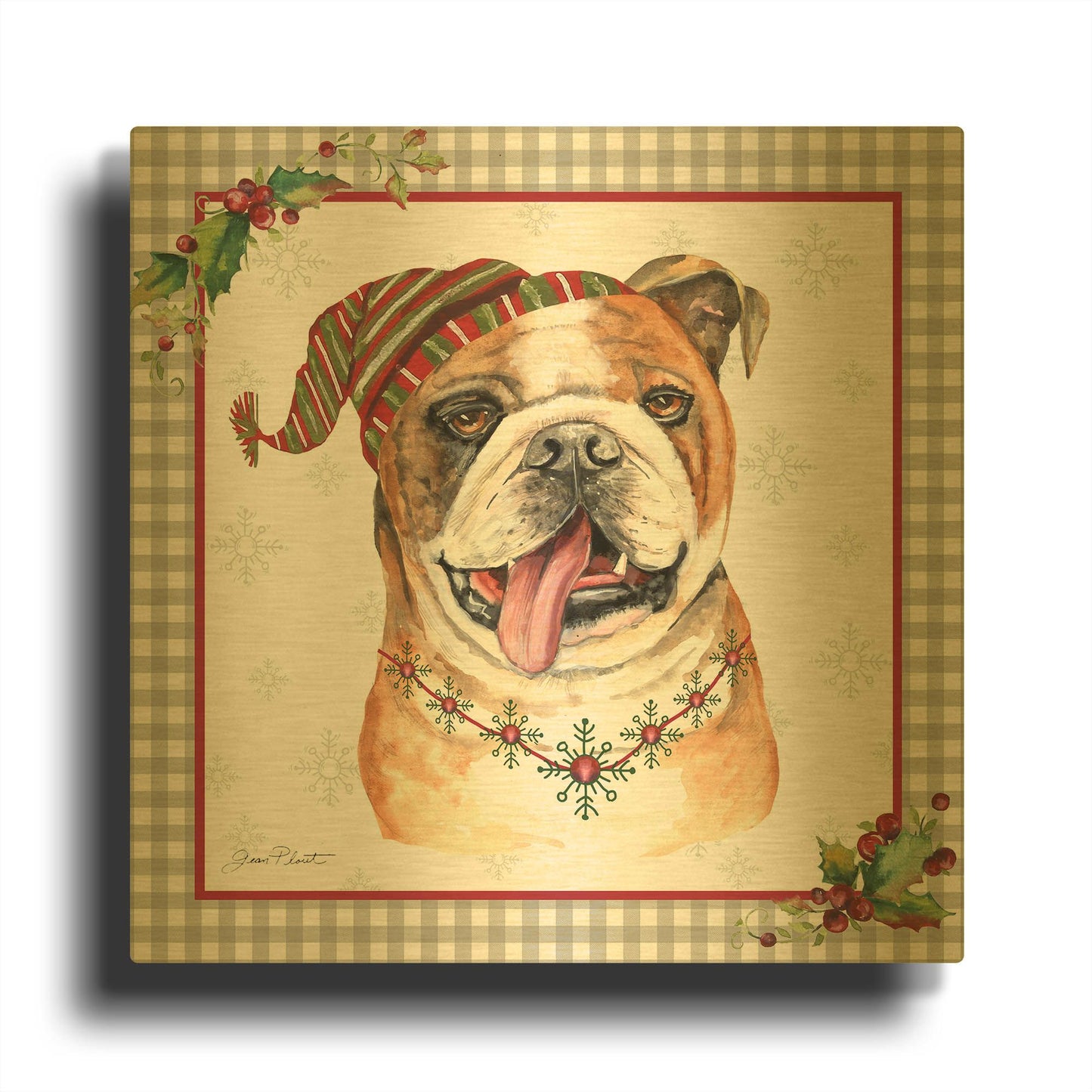 'Plaid Christmas with Dog H' By Jean Plout Gold Metal Wall Art