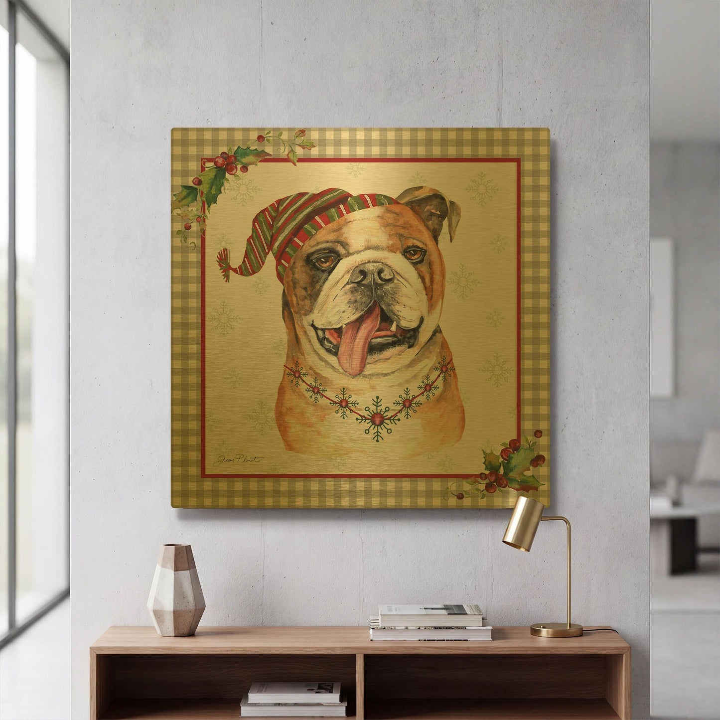 'Plaid Christmas with Dog H' By Jean Plout Gold Metal Wall Art