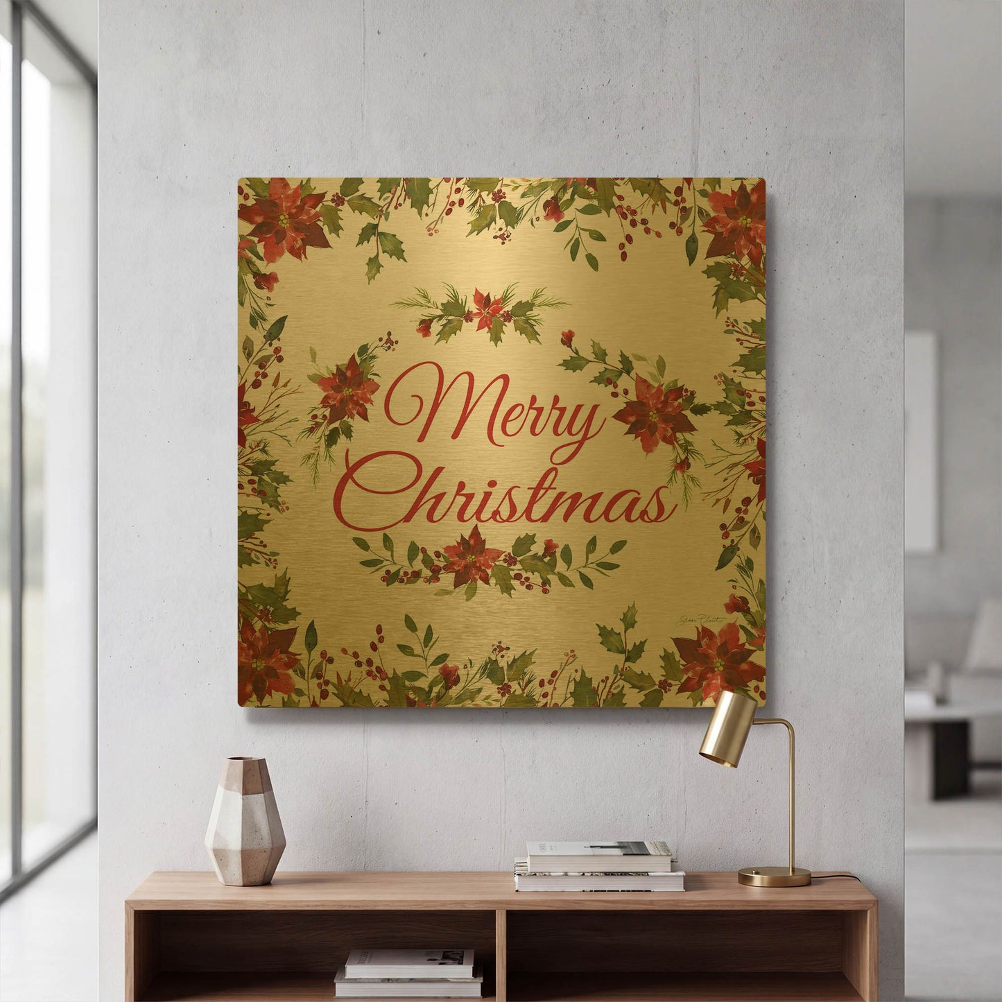 'Poinsettia Merry Christmas' By Jean Plout Gold Metal Wall Art