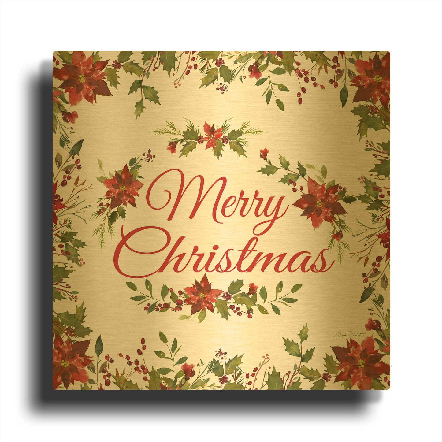 'Poinsettia Merry Christmas' By Jean Plout Gold Metal Wall Art