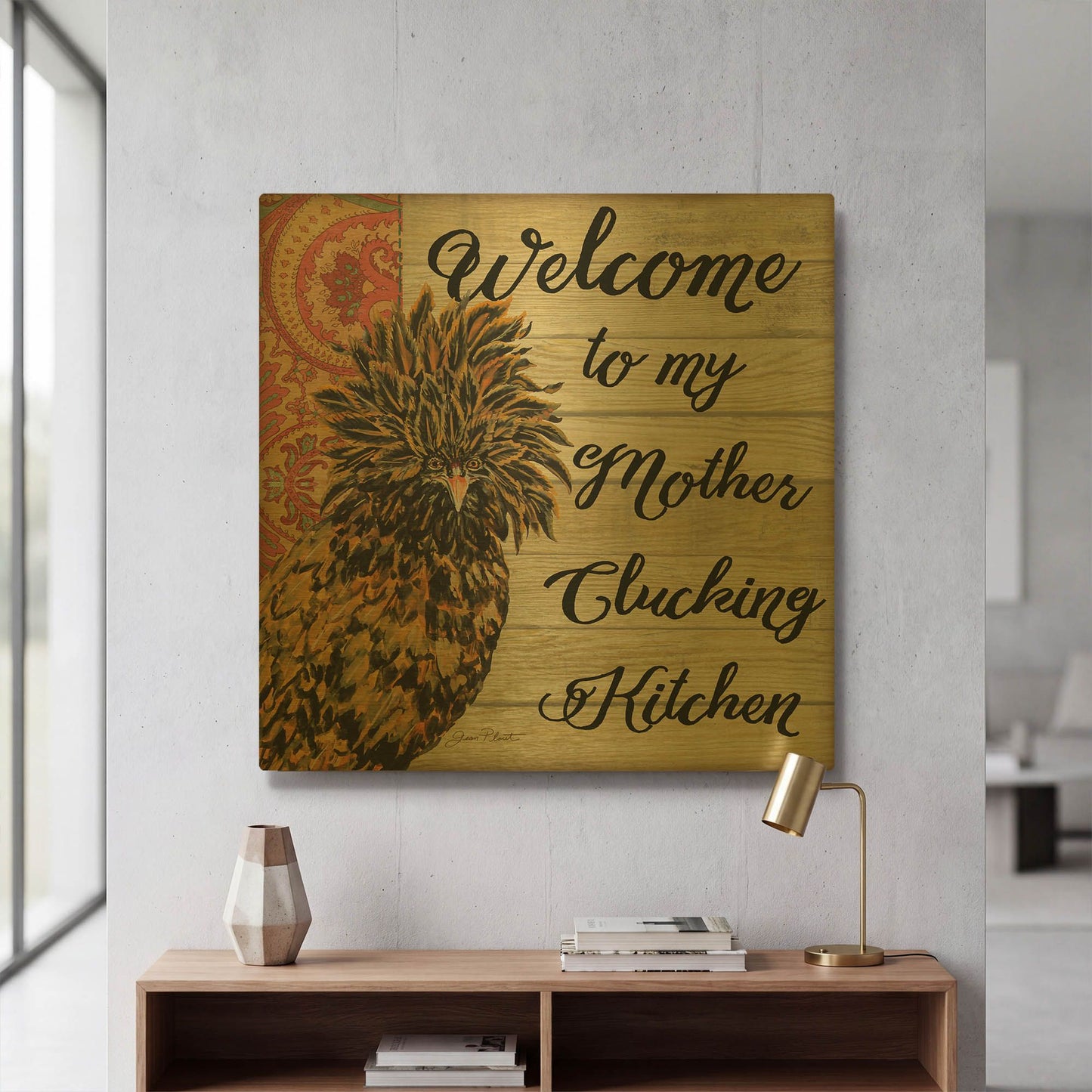 'Polish Hen B' By Jean Plout Gold Metal Wall Art