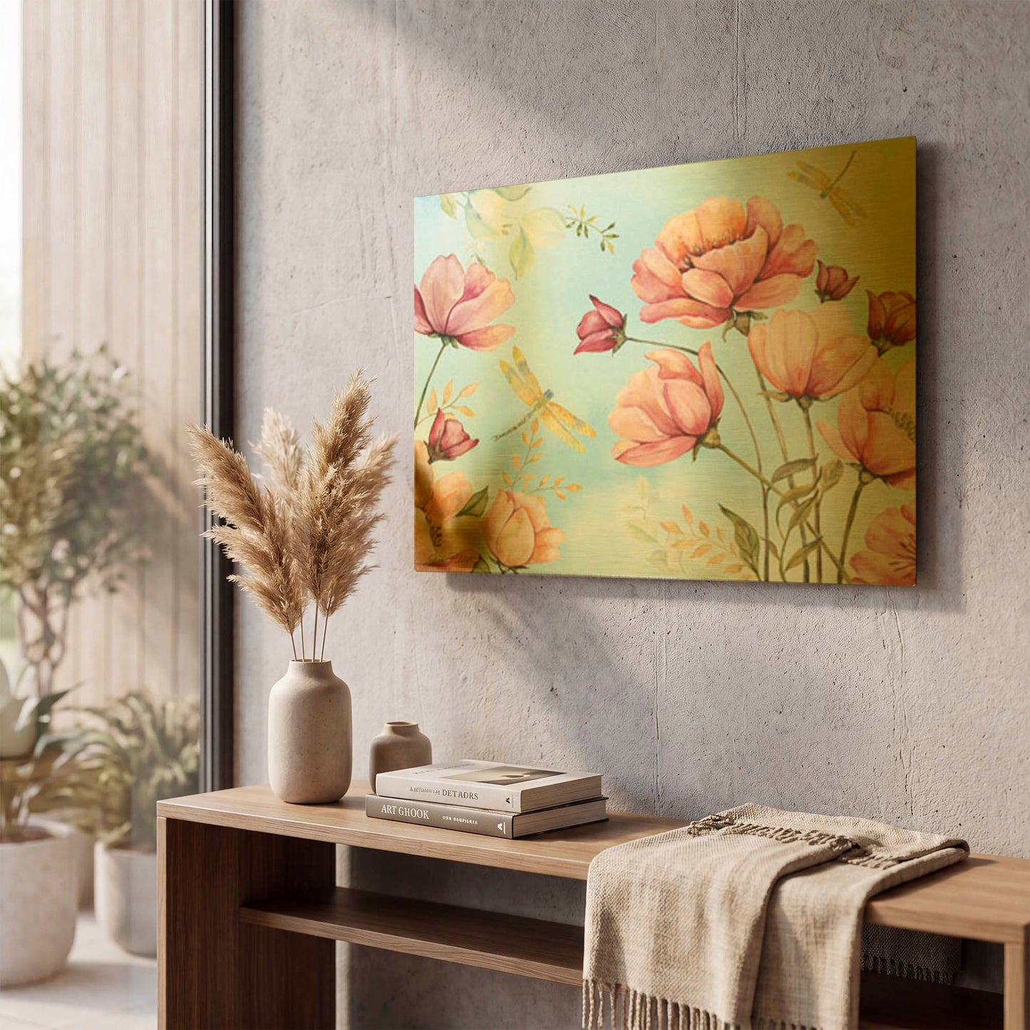 'Poppy And Dragonfly Garden A' By Jean Plout Gold Metal Wall Art