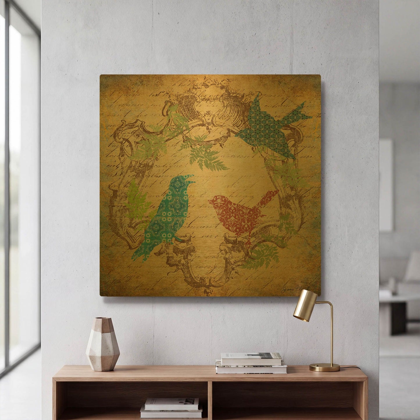 'Pretty Birds In The Ferns A' By Jean Plout Gold Metal Wall Art