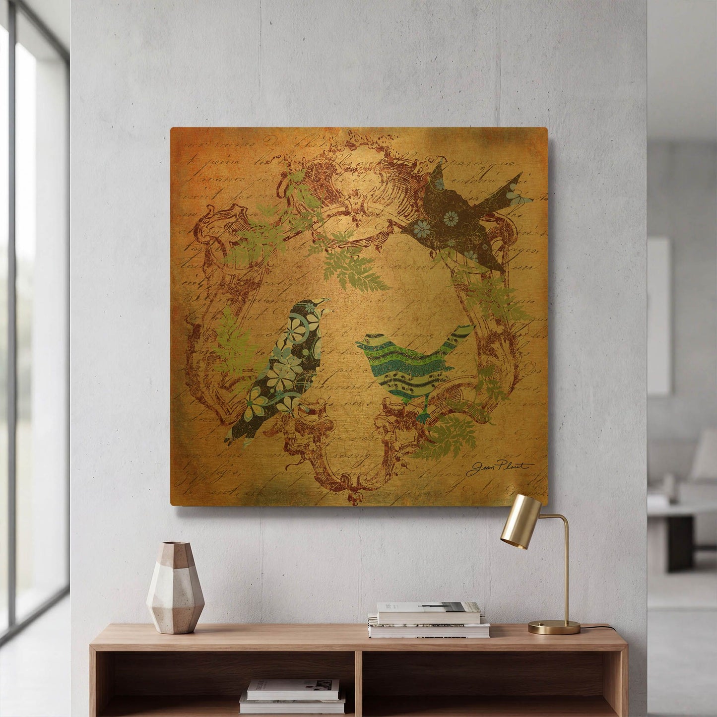 'Pretty Birds In The Ferns B' By Jean Plout Gold Metal Wall Art