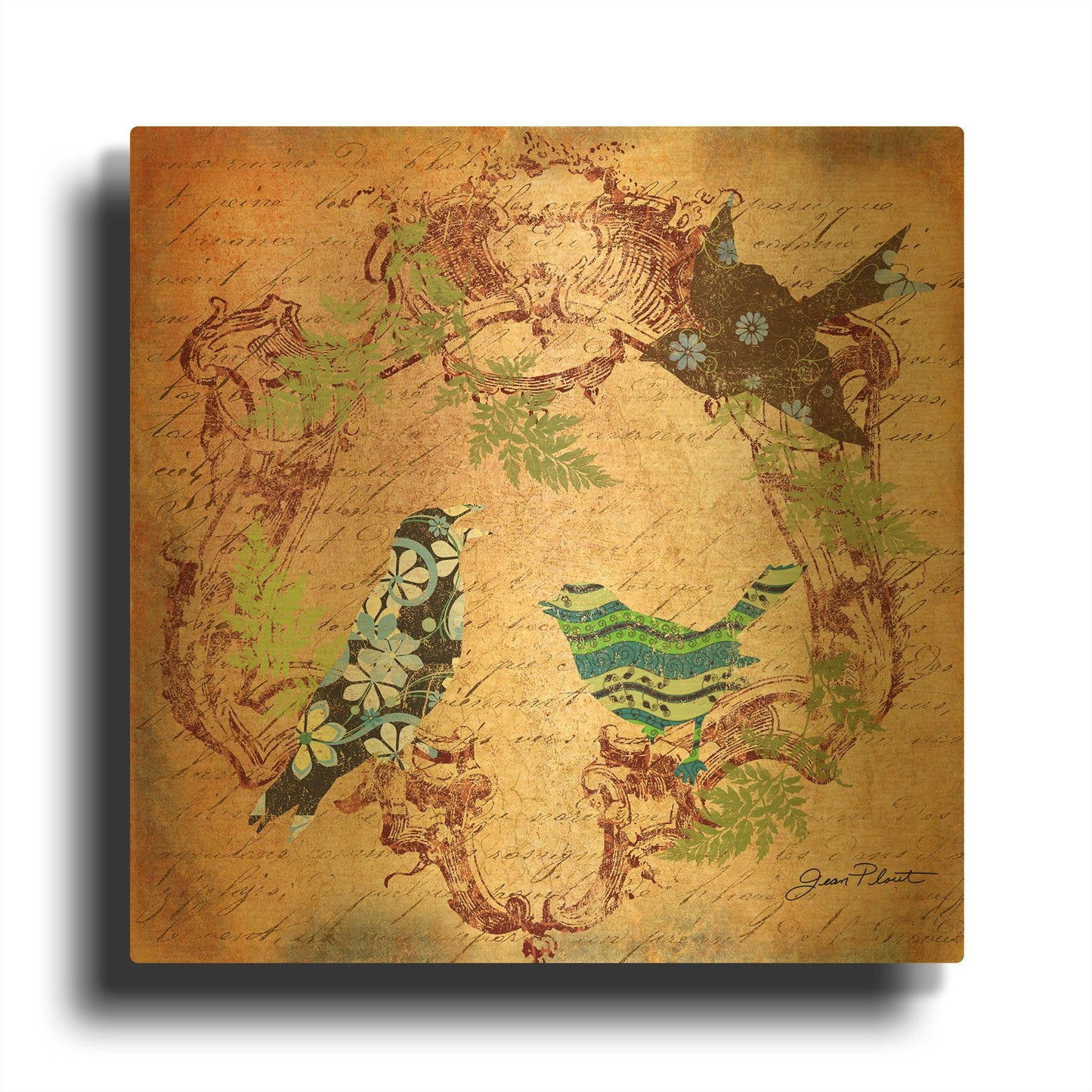 'Pretty Birds In The Ferns B' By Jean Plout Gold Metal Wall Art