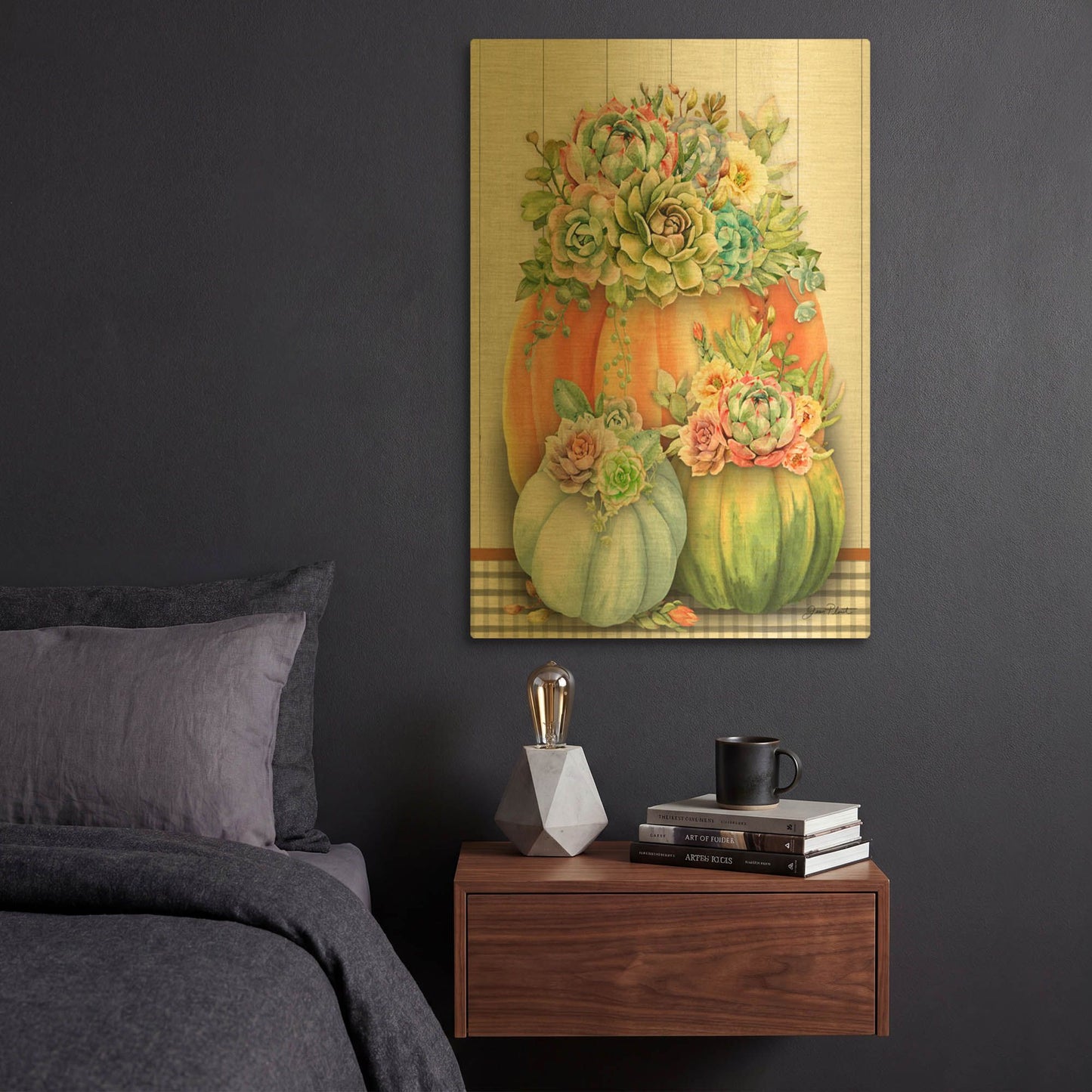 'Pumpkins With Succulents A' By Jean Plout Gold Metal Wall Art