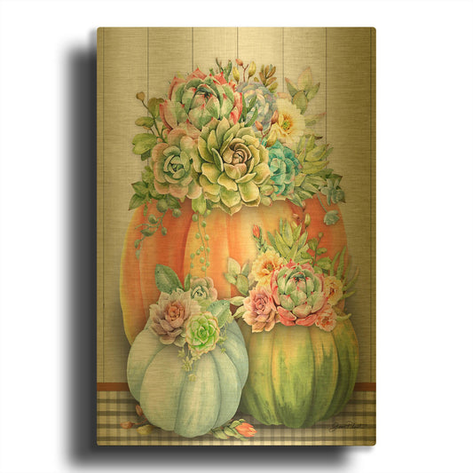 'Pumpkins With Succulents A' By Jean Plout Gold Metal Wall Art