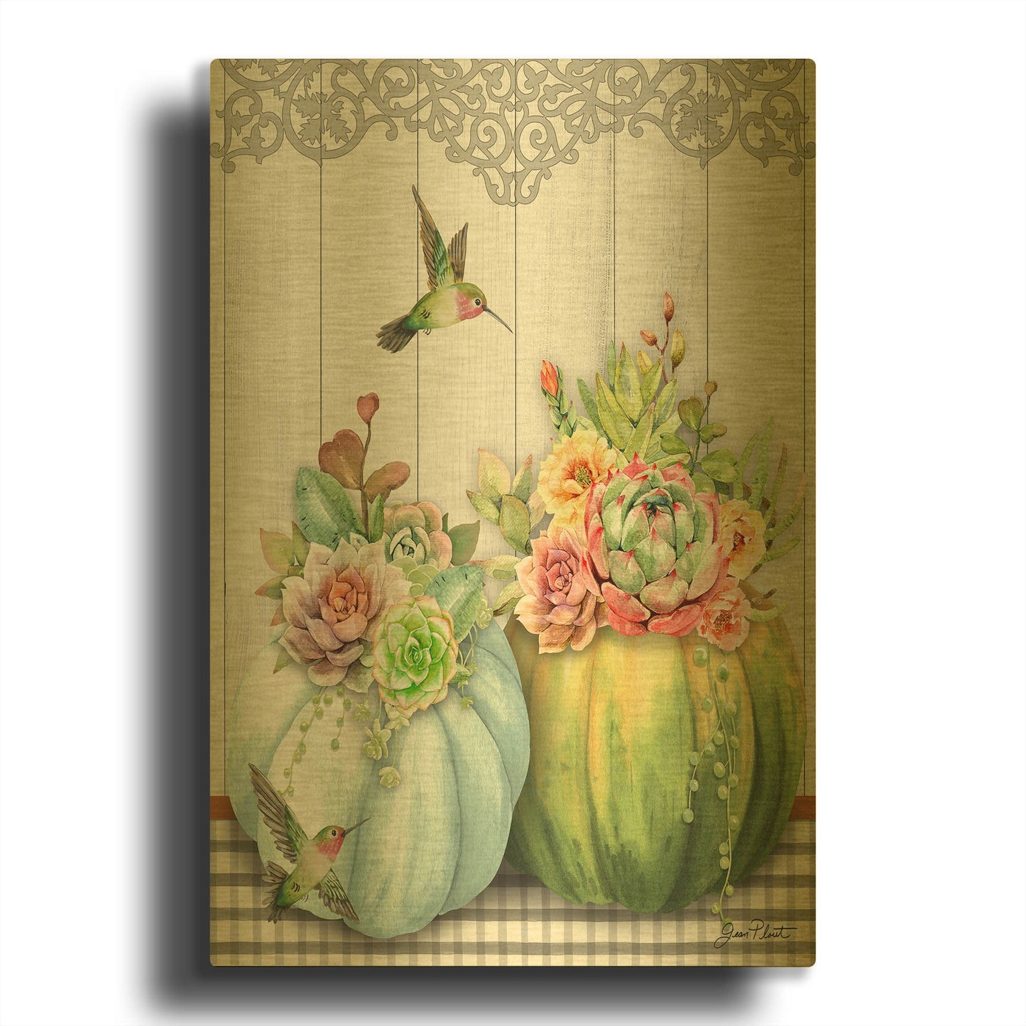 'Pumpkins With Succulents B' By Jean Plout Gold Metal Wall Art