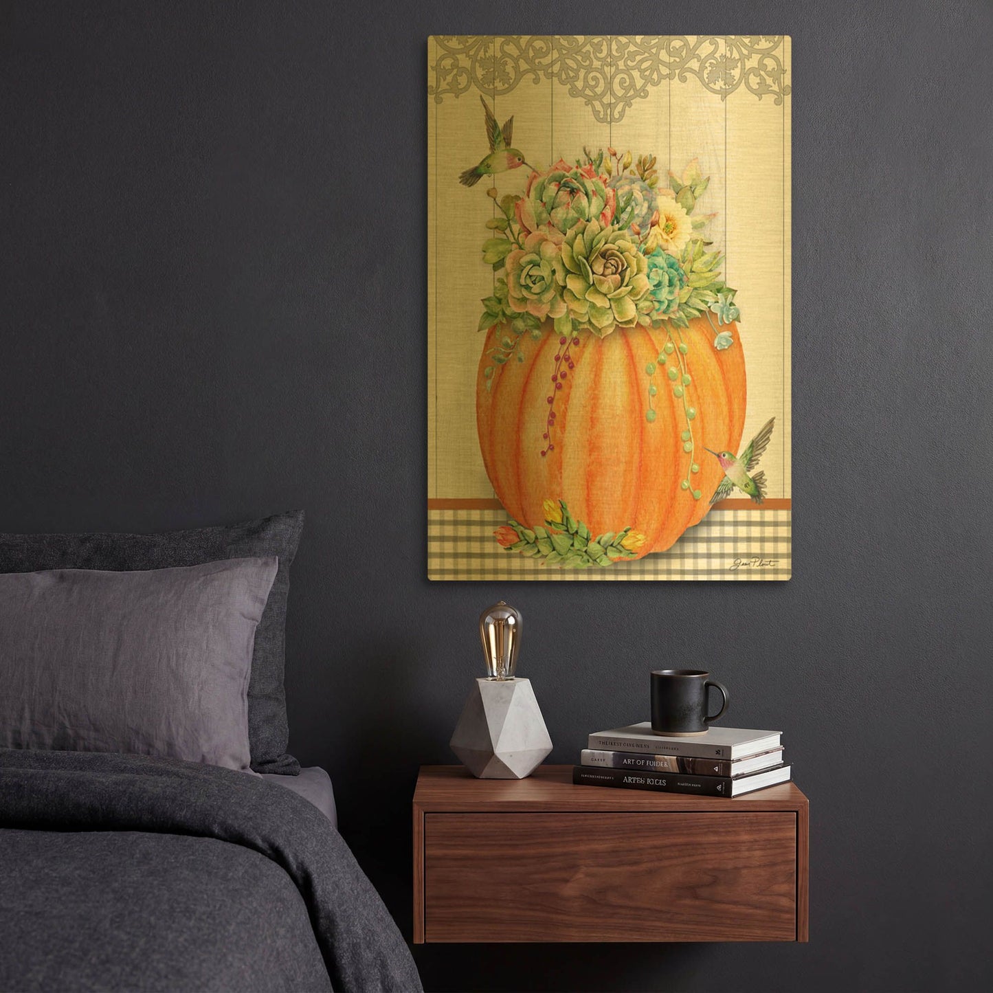 'Pumpkins With Succulents C' By Jean Plout Gold Metal Wall Art