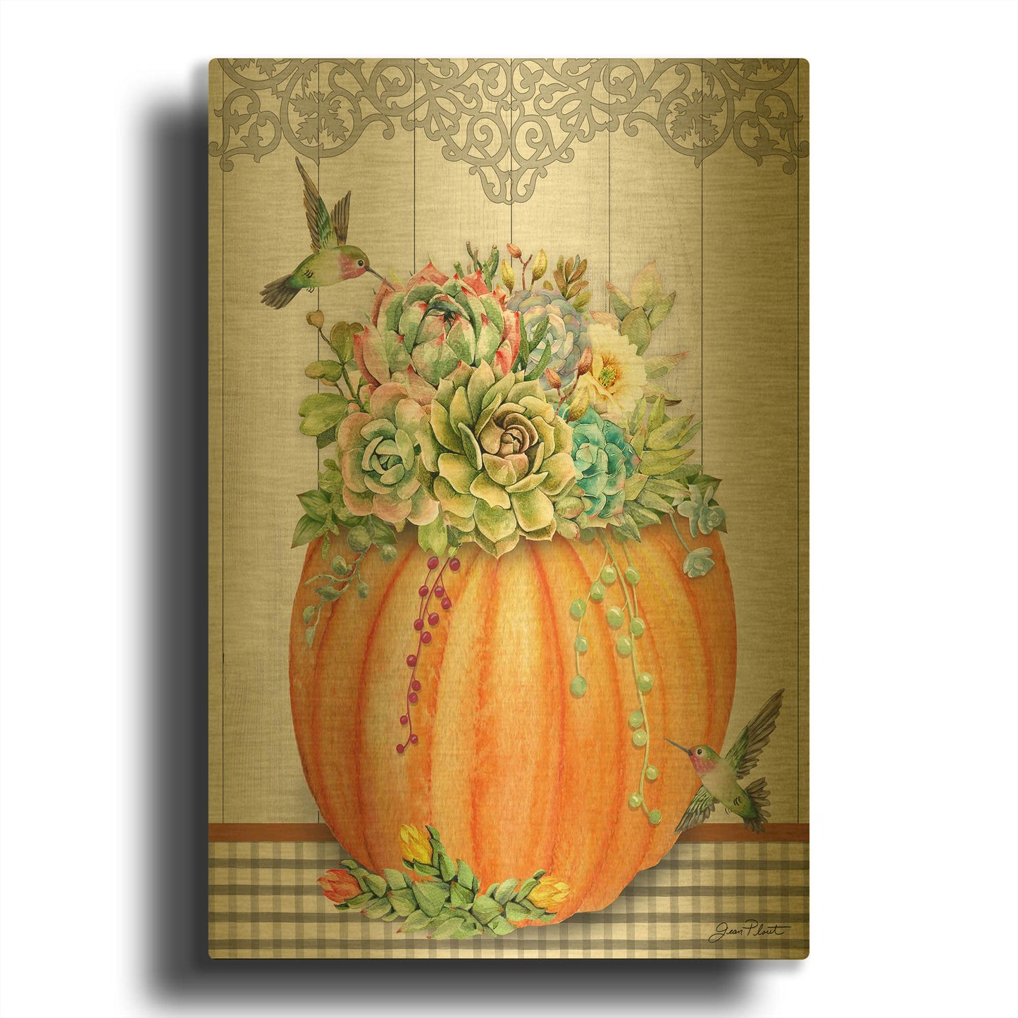 'Pumpkins With Succulents C' By Jean Plout Gold Metal Wall Art