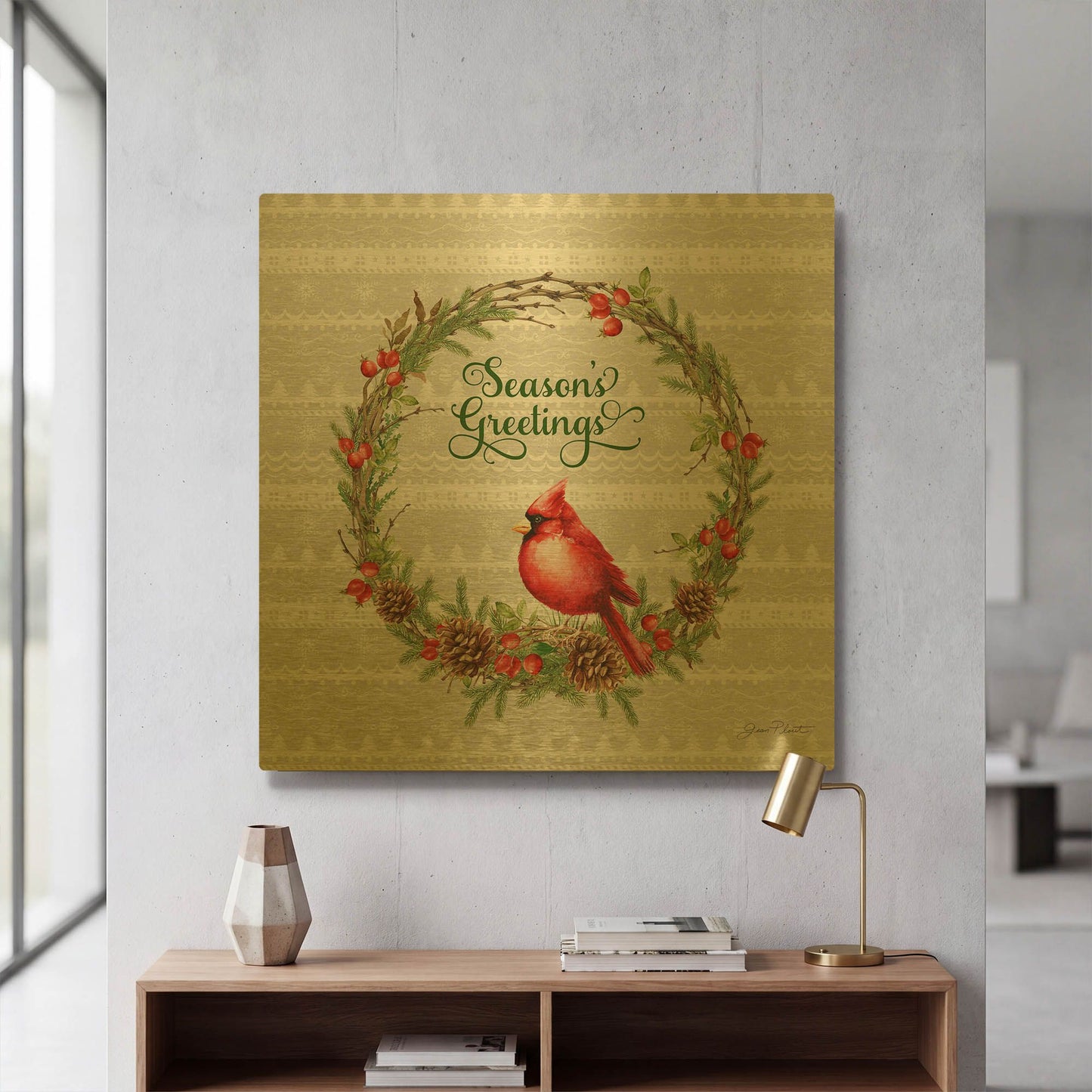 'Red Cardinal Christmas Beauty A' By Jean Plout Gold Metal Wall Art