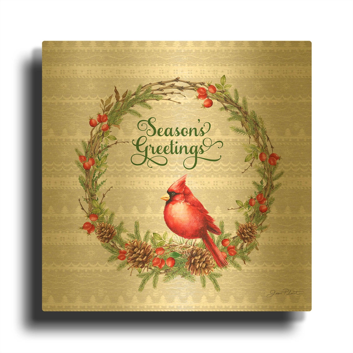'Red Cardinal Christmas Beauty A' By Jean Plout Gold Metal Wall Art