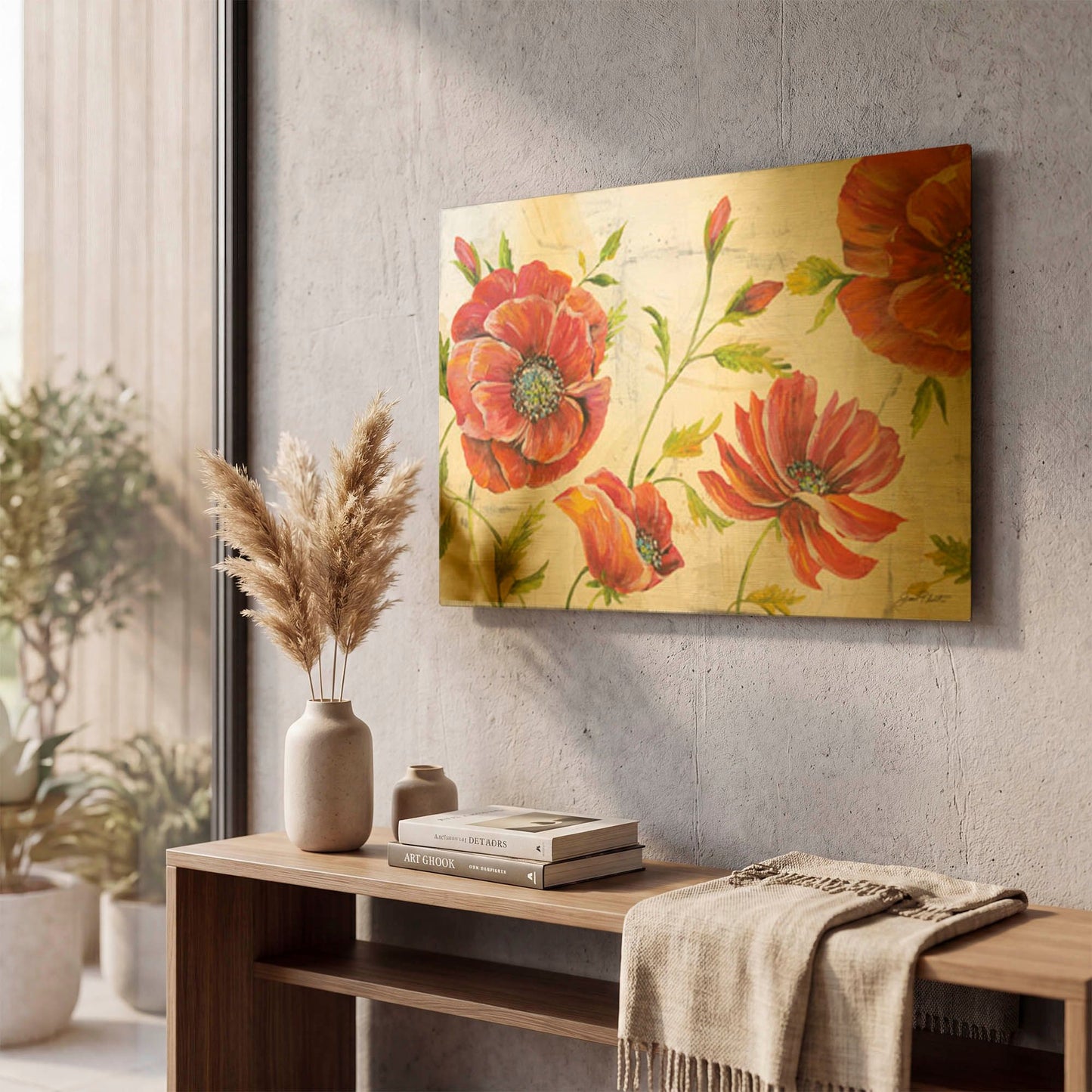 'Red Poppies On Texture A' By Jean Plout Gold Metal Wall Art