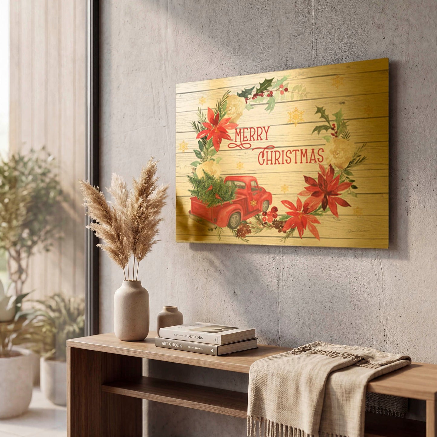 'Red Truck Christmas Wreath' By Jean Plout Gold Metal Wall Art