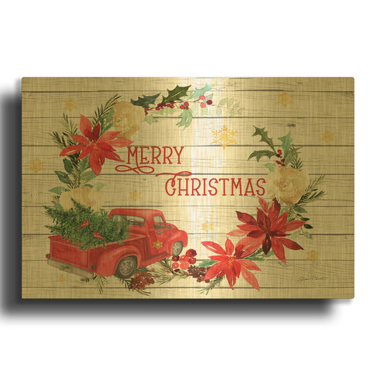 'Red Truck Christmas Wreath' By Jean Plout Gold Metal Wall Art